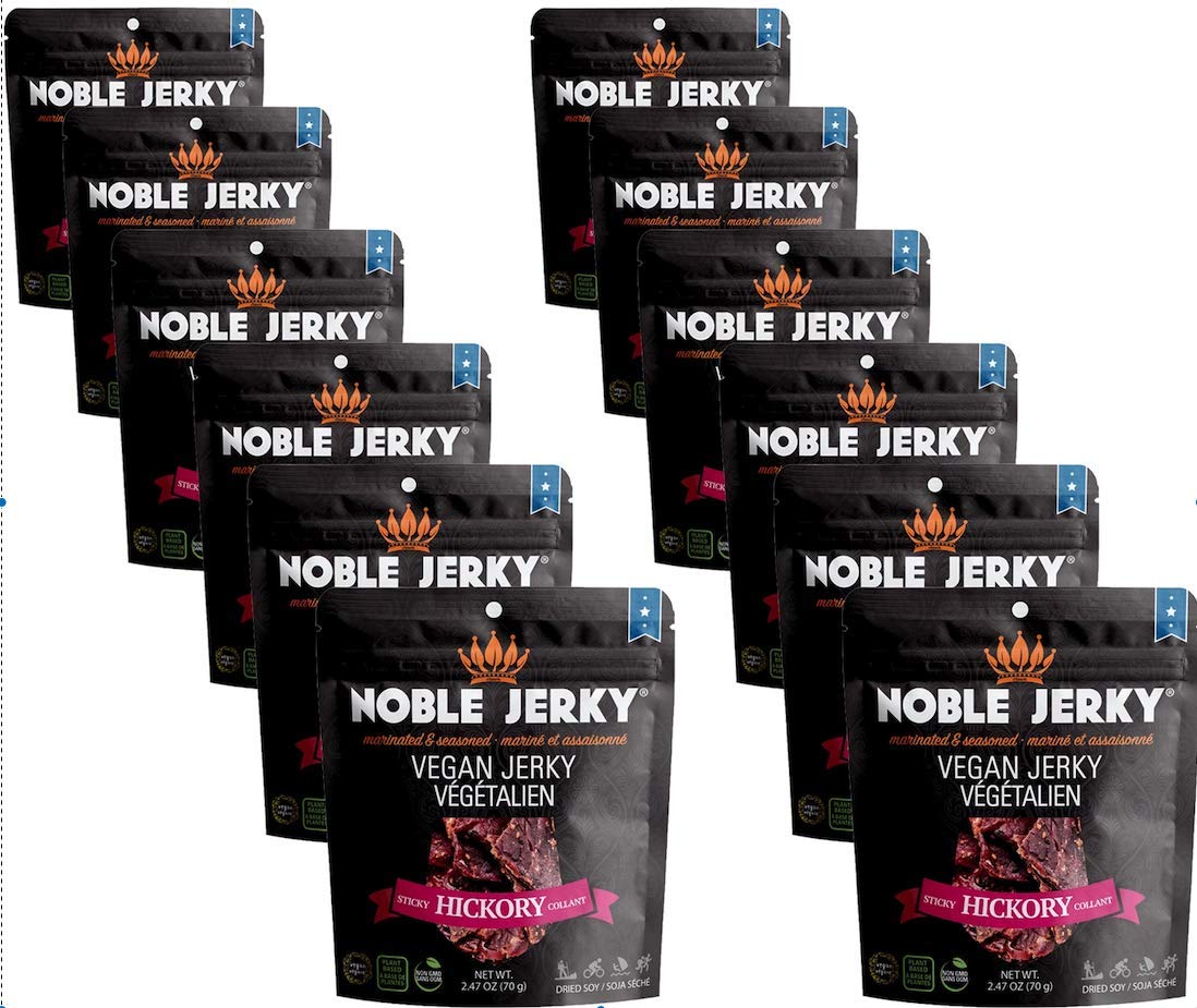 Noble Jerky - Vegan, Plant-Based Protein Snack, Non-GMO, Hickory Smoked Flavor (12 Pack, 70g Bags) | Healthy On-The-Go Snack for Hiking, Travel & Work