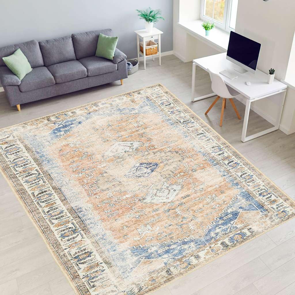 Softwoven 8x10 Washable Cotton Area Rug - Non-Slip, Stain Resistant & Pet Friendly Vintage Design Rug for Living Room, Bedroom, Hallway - Blue & Light Brown | Perfect for High Traffic Areas & Cozy Home Decor