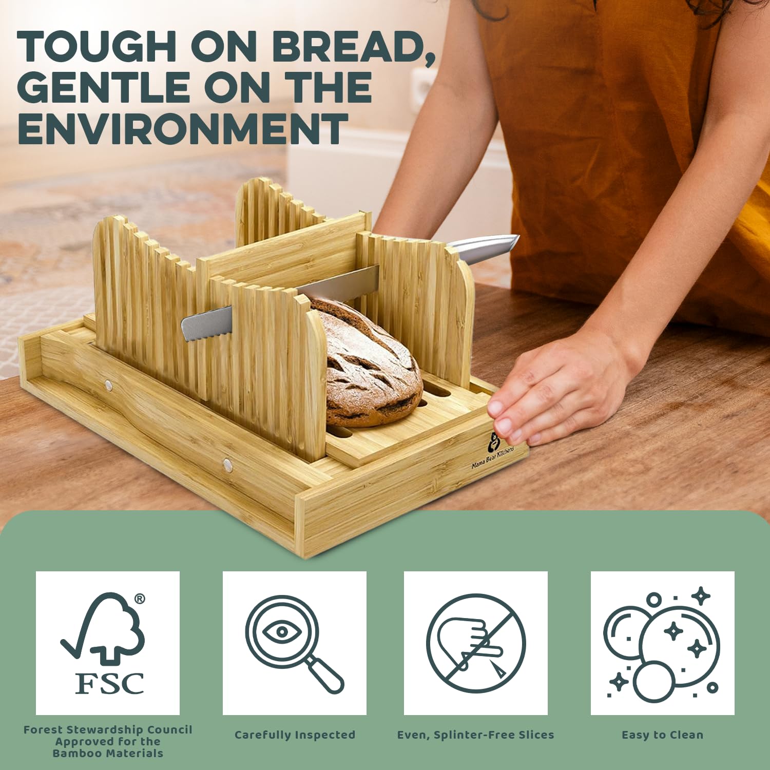 Premium Bamboo Bread Slicer with Stainless Steel Knife - Adjustable Durable Loaf Cutter Guide with Crumb Tray - Foldable, Easy to Clean & Store - Perfect for Homemade Bread, Sandwiches & Toast Preparation