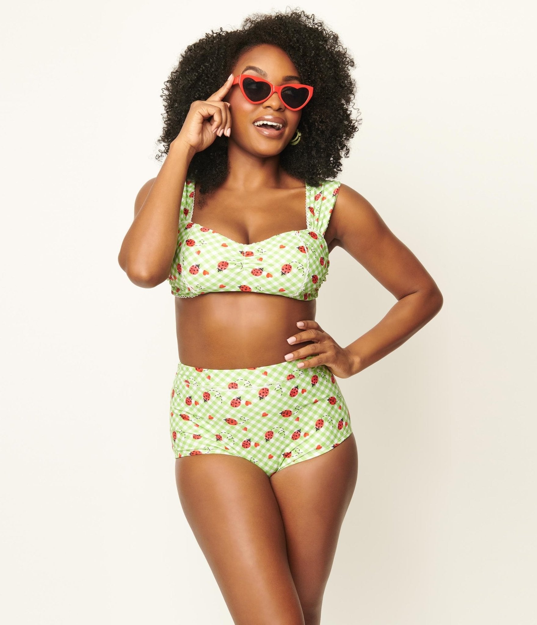 Vintage Green Gingham Ladybug Print Ruched Swim Top - Retro Style One Piece Bathing Suit for Women, Perfect for Beach Vacation, Pool Party & Summer Getaways