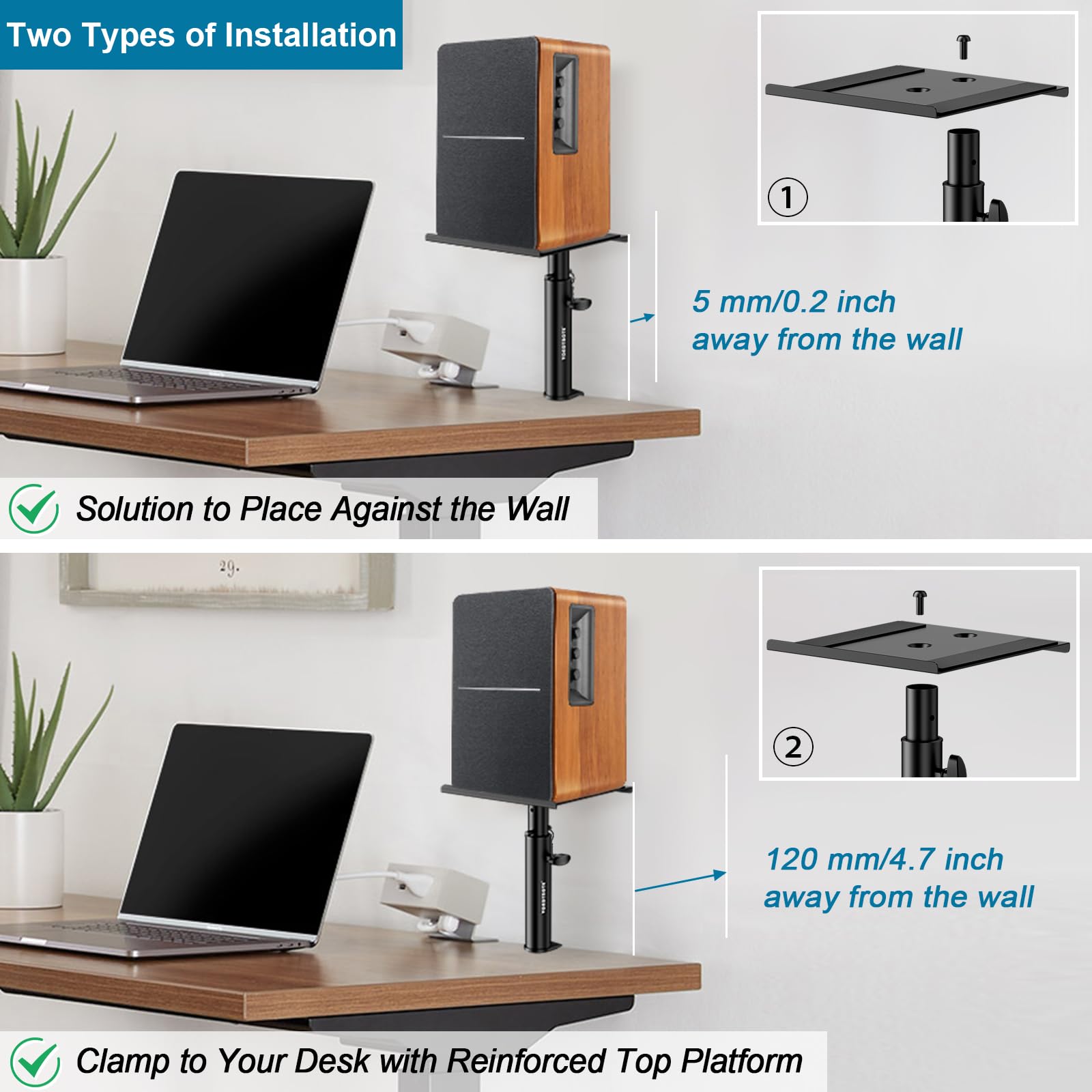 2 Pack Studio Monitor Stands with Isolation Pads - Heavy Duty Desk Clamp Speaker Mounts for Home & Professional Audio Setup | Perfect for Music Production, Gaming & Home Theater Systems