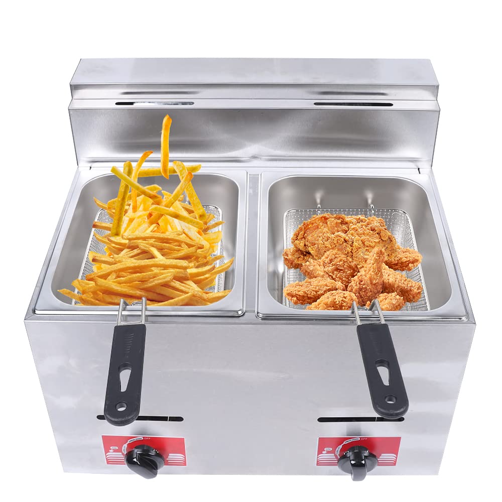 Commercial Stainless Steel Countertop Deep Fryer - 6L Dual Basket Gas Fryer for Chicken, French Fries, Chips - Perfect for Restaurants, Home Kitchens & Outdoor Cooking