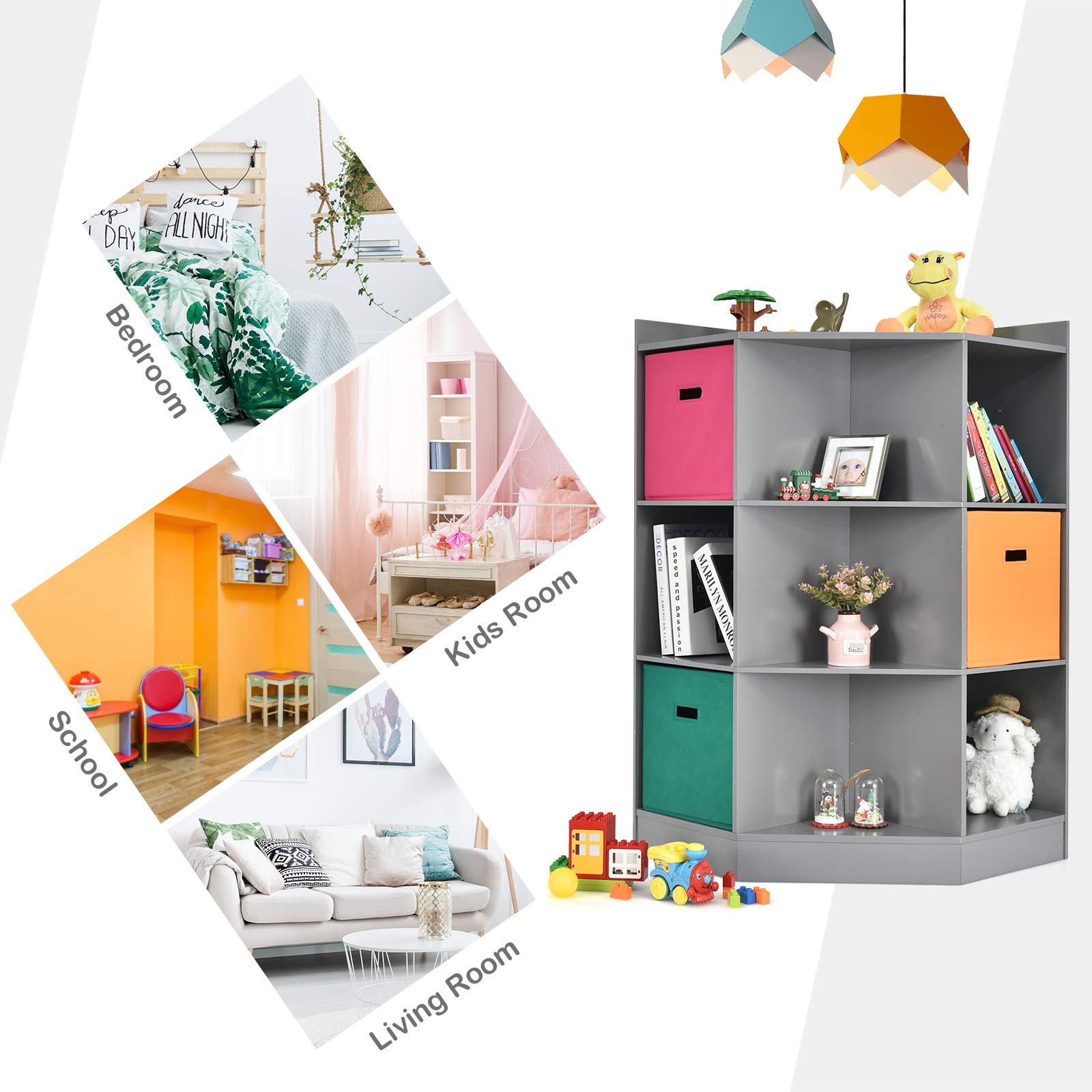 HONEY JOY 9-Cubby Wooden Toy Storage Organizer with Display Shelf & 3 Removable Baskets - Kids Playroom, Bedroom & Nursery Daycare Corner Cabinet (Gray) - Perfect for Organizing Toys, Books & Learning Supplies in Small Spaces