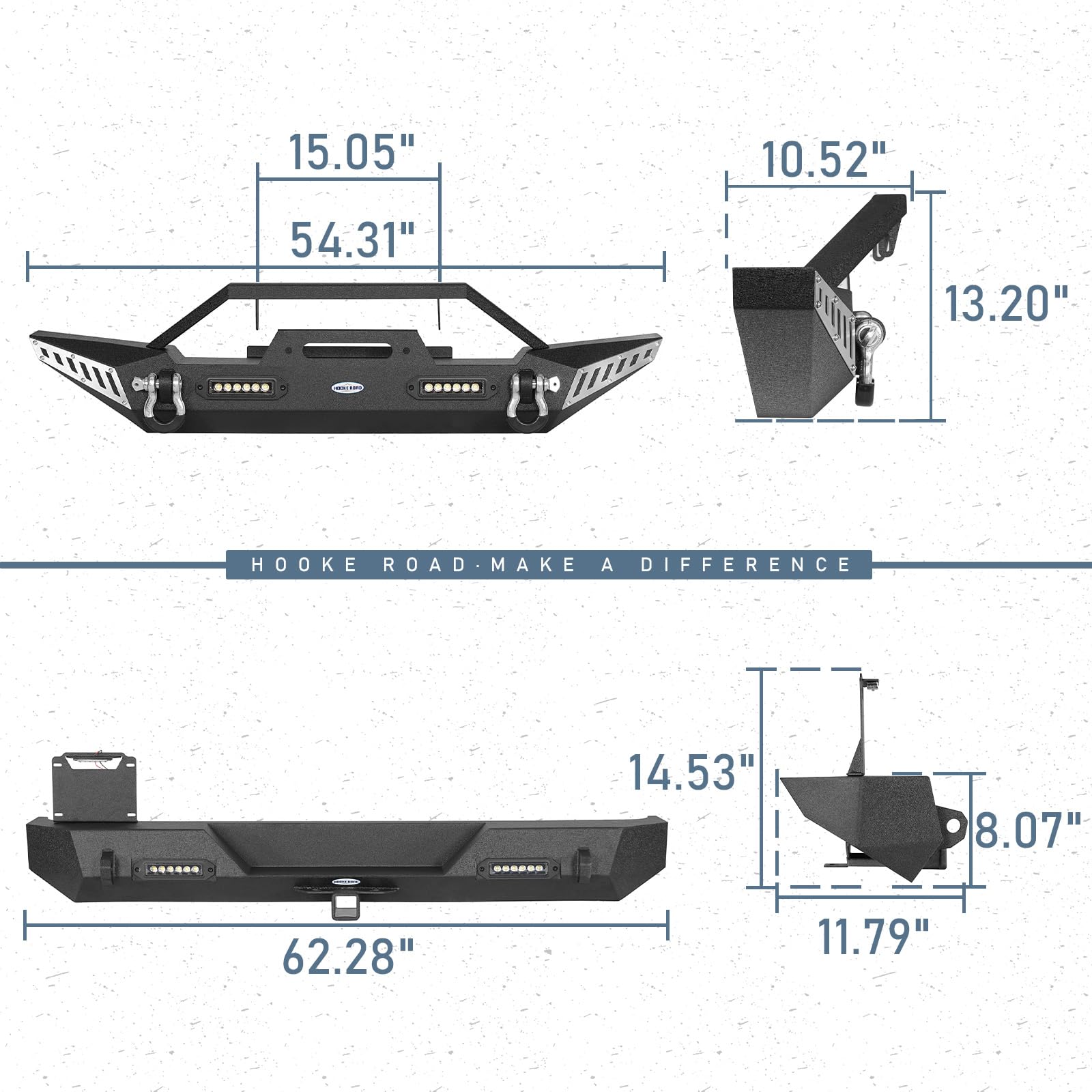 Hooke Road Jeep Wrangler TJ Front & Rear Bumper Combo with Winch Plate & Hitch Receiver for 1997-2006 TJ & Unlimited LJ Models - Off-Road Protection & Towing Solution for Adventure Enthusiasts