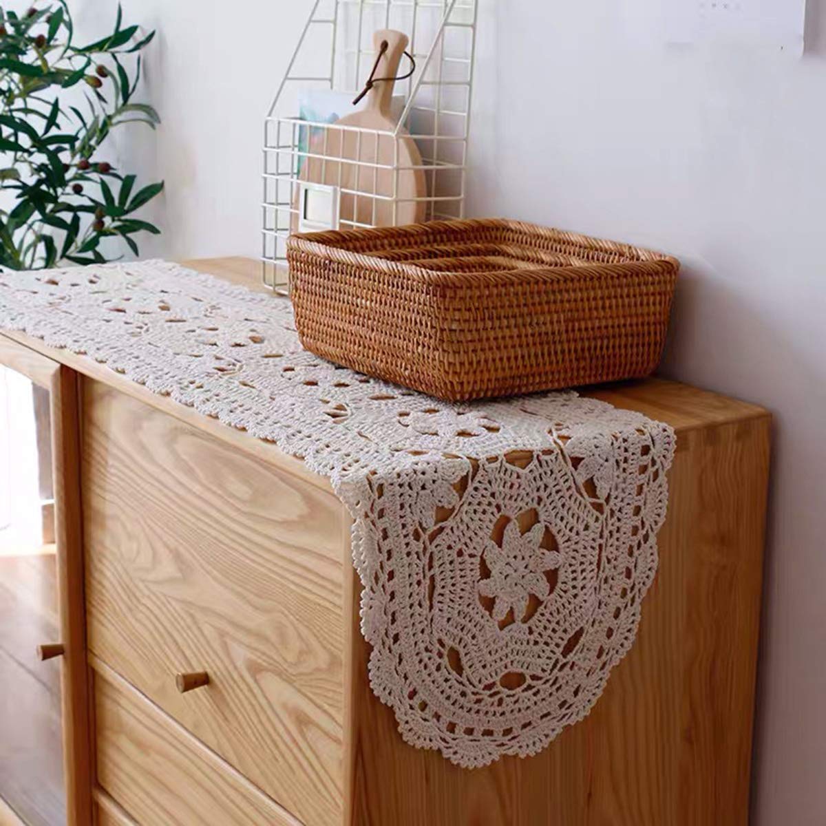 Handmade White Crochet Cotton Table Runner Lace Doily - 12x35 Inch Oval Dresser Scarf - Perfect for Dining Tables, Coffee Tables & Home Decor