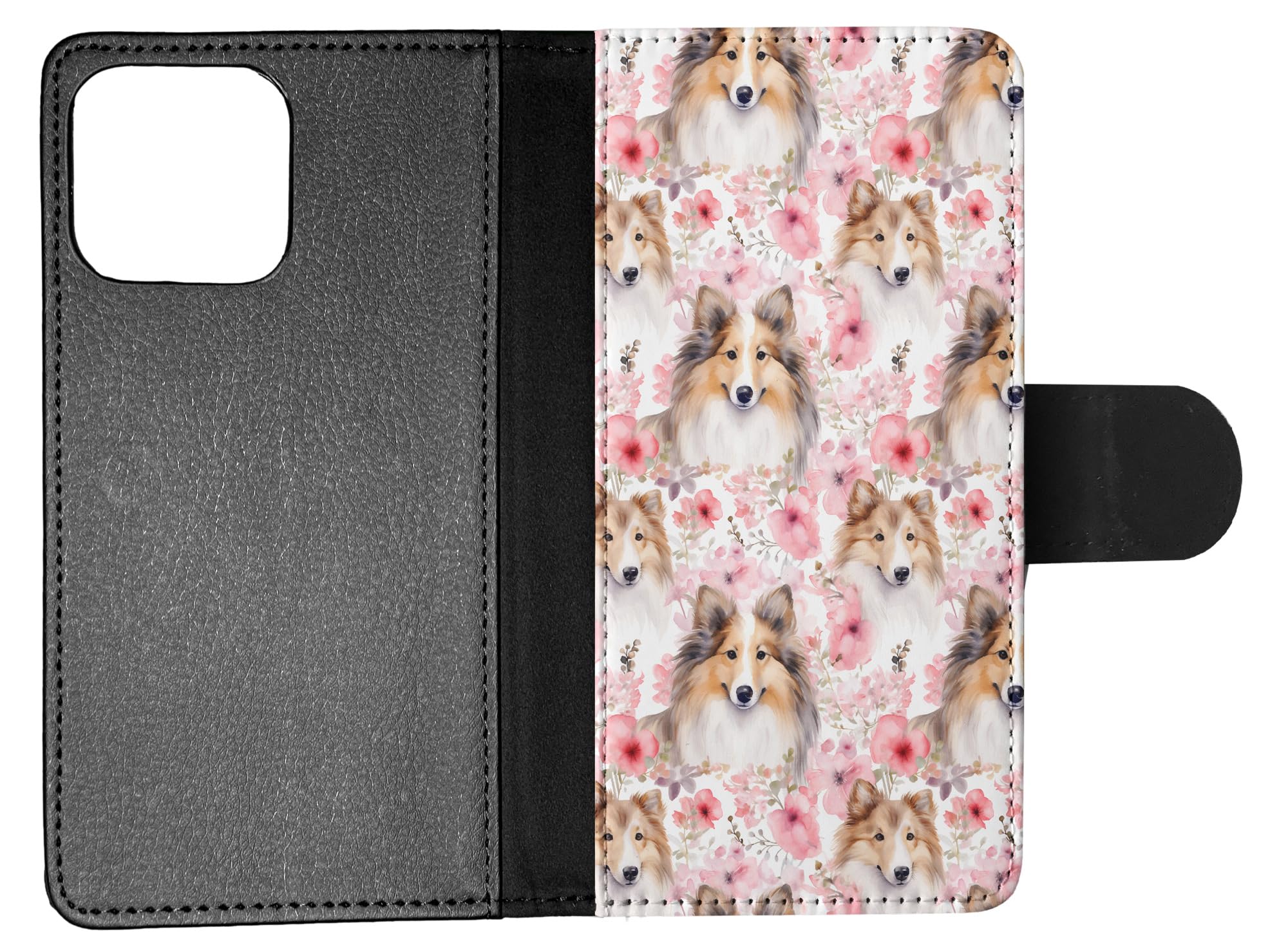 Shetland Sheepdog Puppy Dog Pattern Faux Leather Flip Wallet Phone Case for Apple iPhone 15 Pro Max - Stylish Protective Cover for Everyday Use & Travel