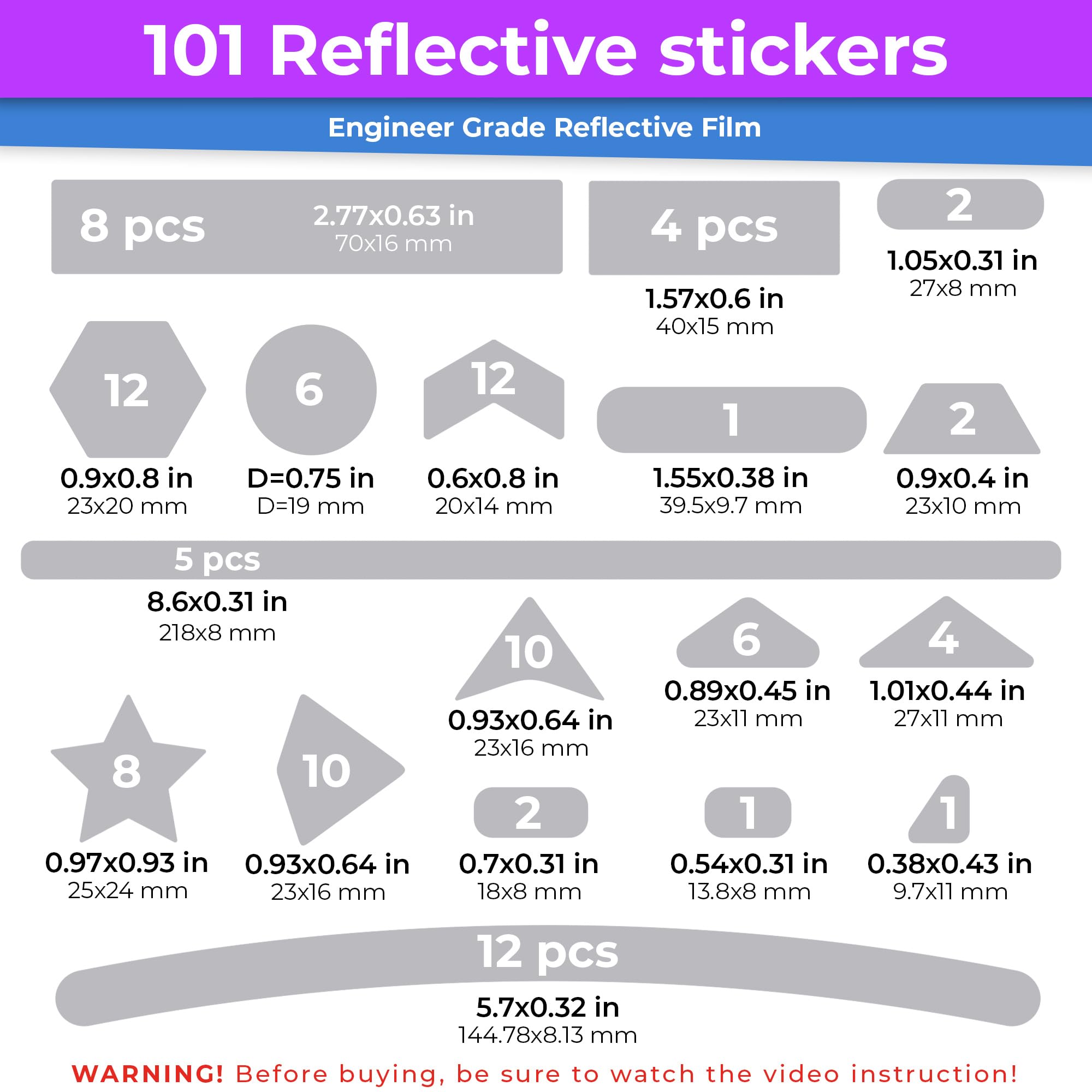 101pcs Reflective Safety Stickers Kit - Waterproof Self-Adhesive Decals for Helmets, Bikes, Scooters & More (White-Gray) | High Visibility Nighttime Protection for Cycling, Skateboarding & Outdoor Activities
