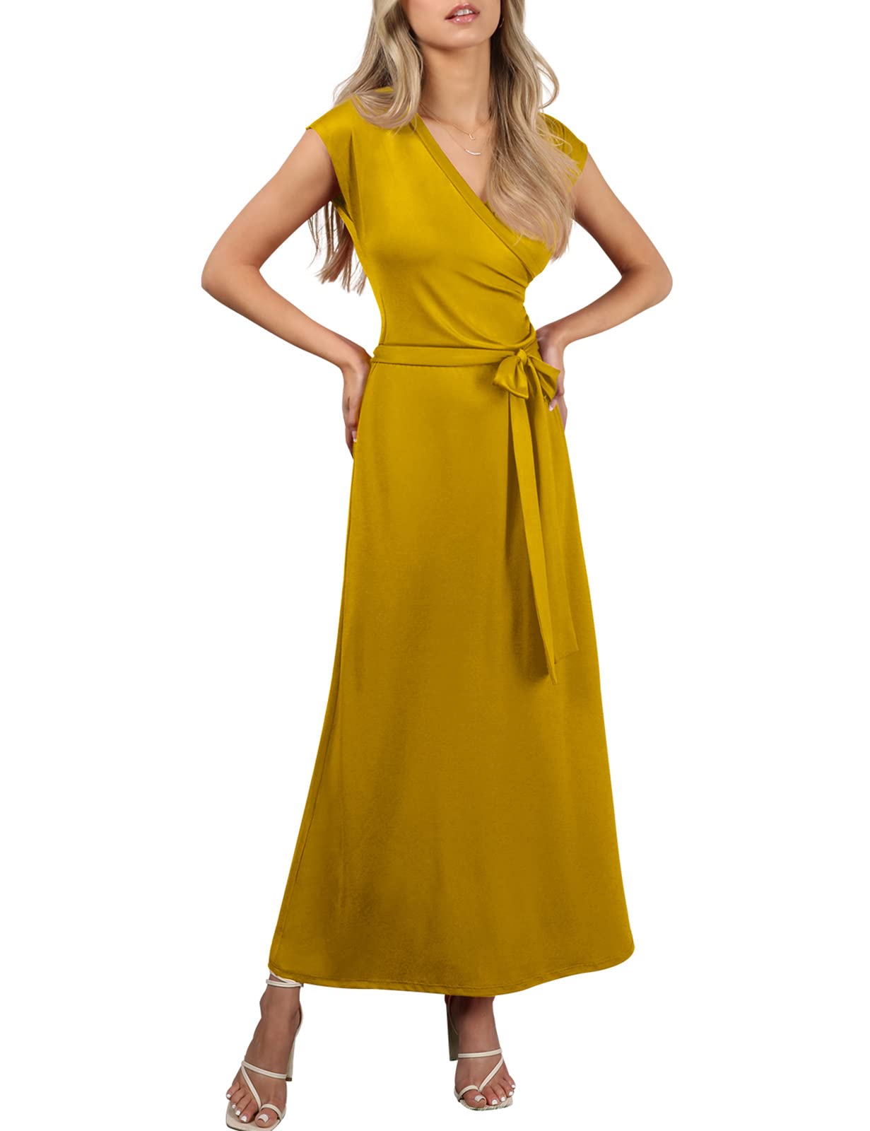 NINEXIS Women's V-Neck Cap Sleeve Wrap Waist Maxi Dress - Elegant Summer Beach Wedding Party Wear