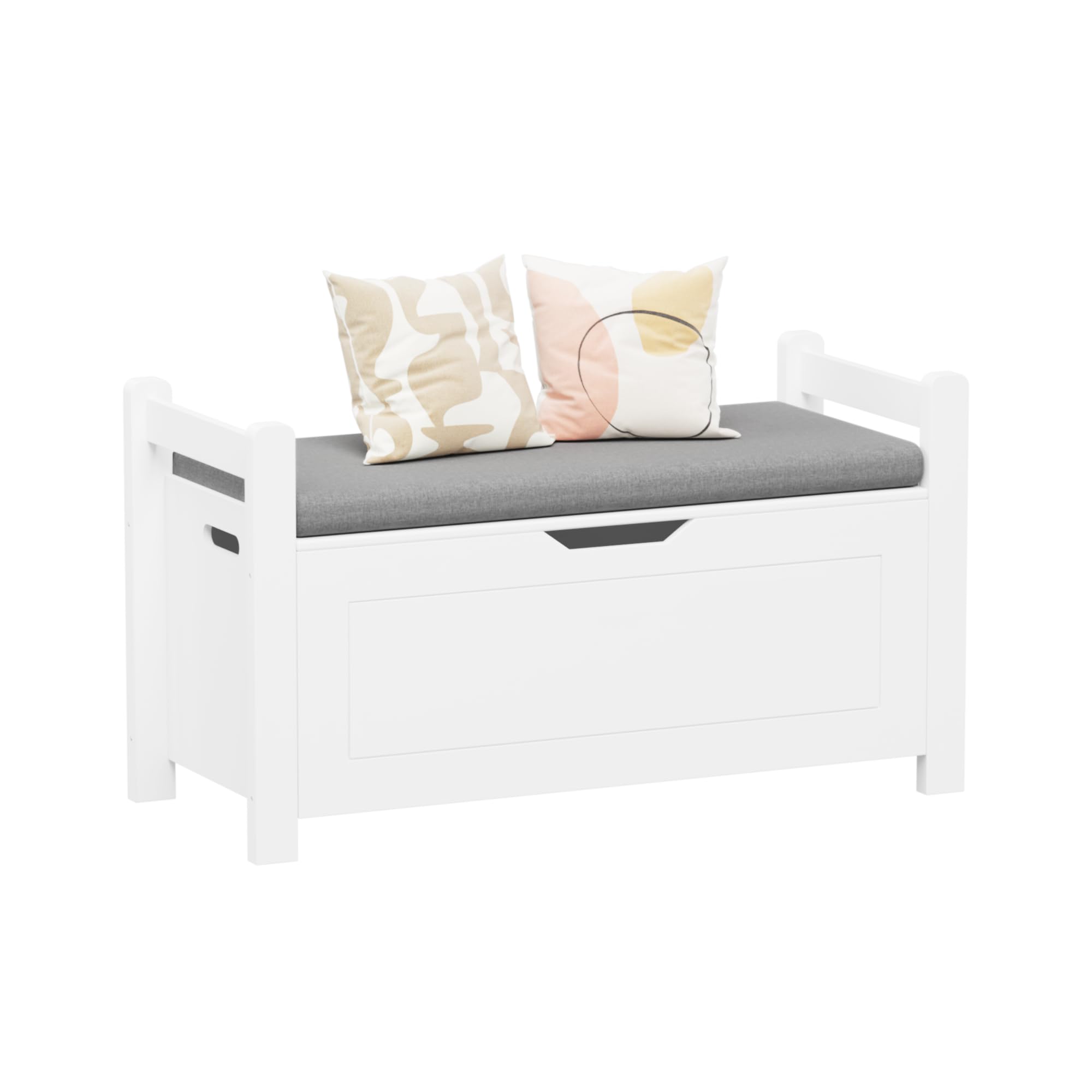 **Kids Wooden Toy Chest with Safety Hinged Lid - Children's Toy Storage Organizer, Playroom Furniture for Boys & Girls (White with Cushion) - Perfect for Bedroom, Nursery, or Playroom Organization**