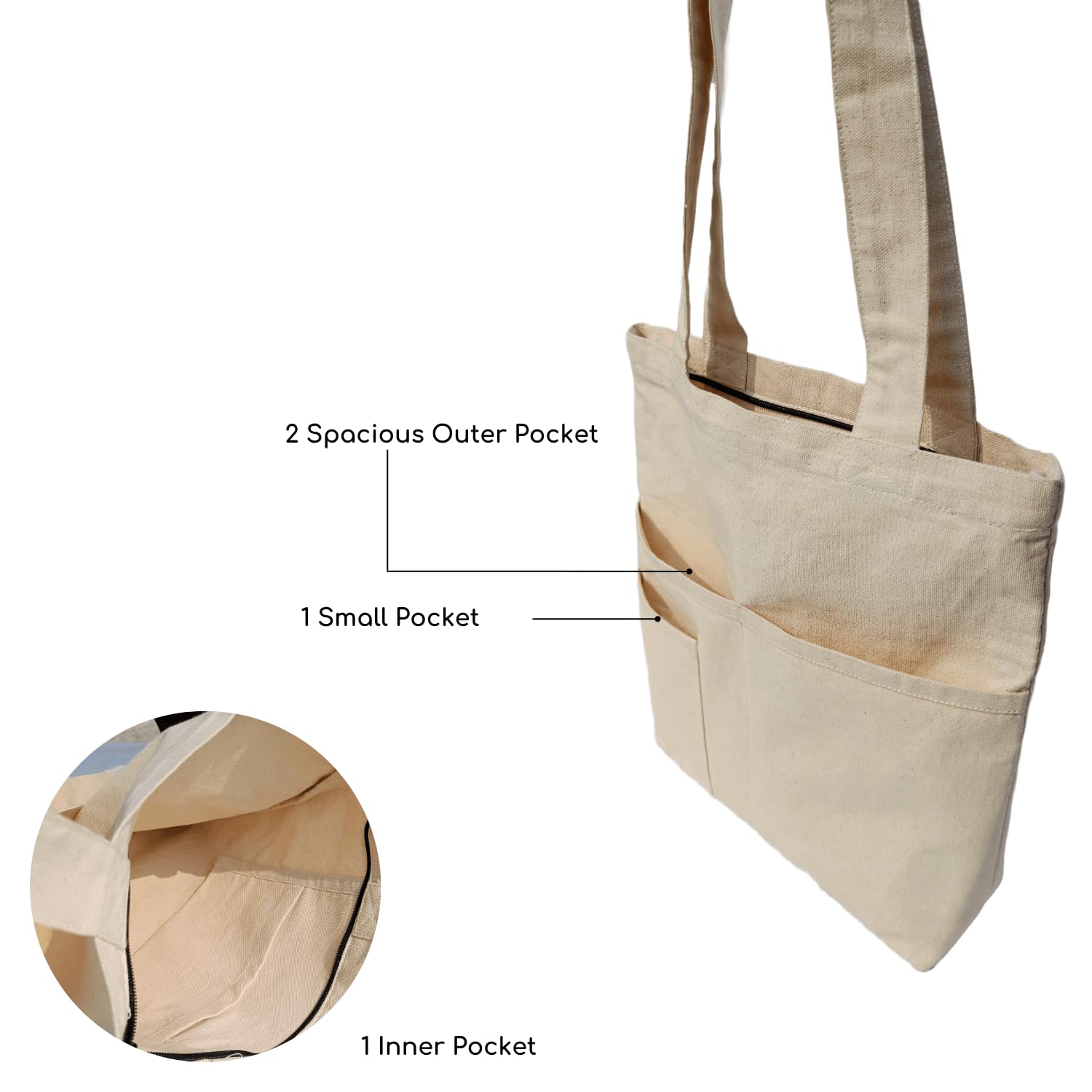 EcoDott Women's Cotton Tote Bag with Zipper & Pockets - 100% Organic Canvas Shoulder Handbag for School, Work, Travel & Daily Use | Durable Eco-Friendly Shopping Bag for Women | Perfect for Office, Beach & Grocery Shopping