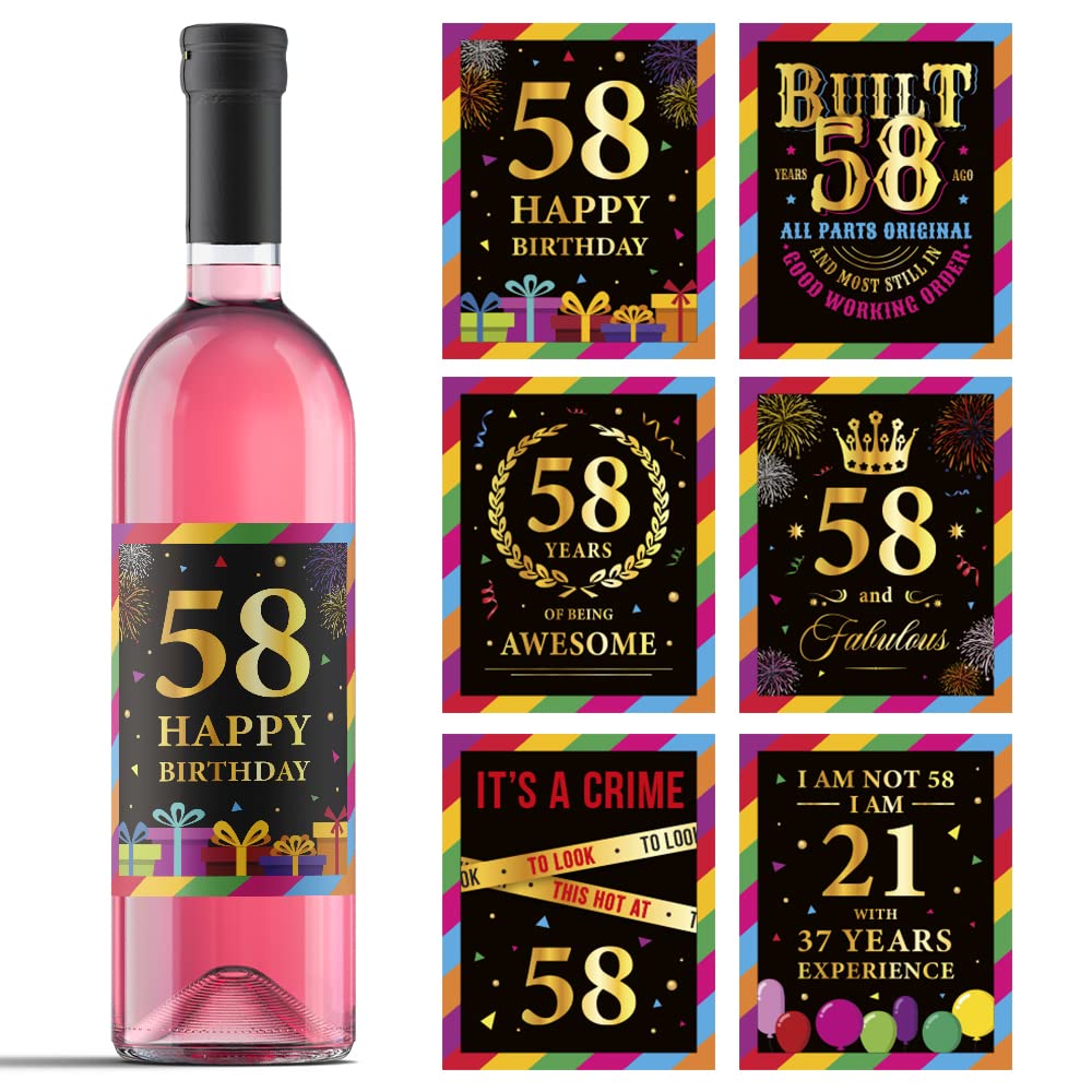 58th Birthday Wine Bottle Labels - Set of 6 Personalized Wine Stickers for 58 Year Old Birthday Party Decorations - Perfect Gift Idea for Anniversary & Celebration - Great for Wine Gifts, Party Favors & Special Occasions
