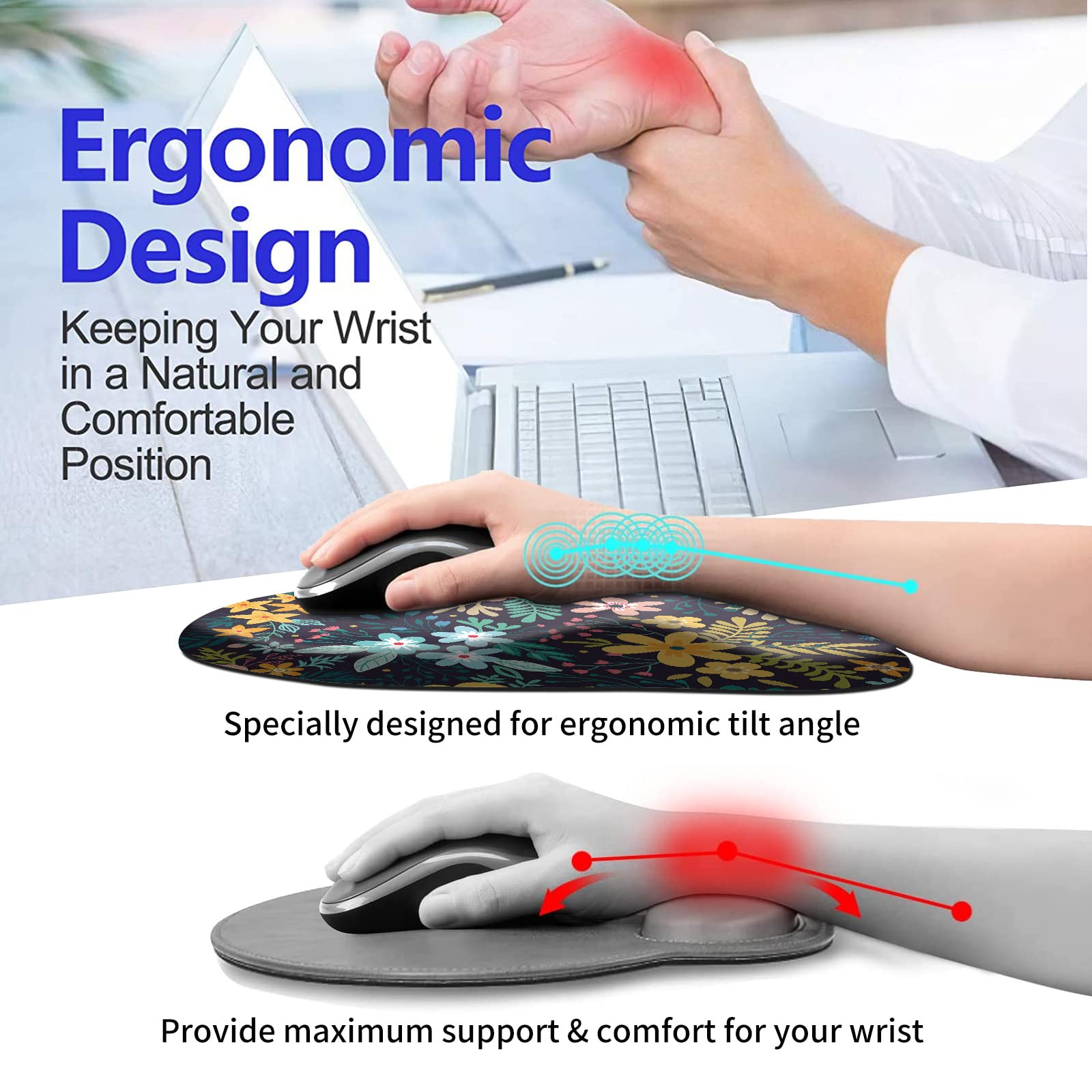 Ergonomic Mouse Pad with Wrist Rest Support - Thick Non-Slip PU Base for Pain Relief & Carpal Tunnel Prevention - Wireless Mouse Compatible - Floral Blooming Flowers Design - Perfect for Office, Gaming & Home Computer Use