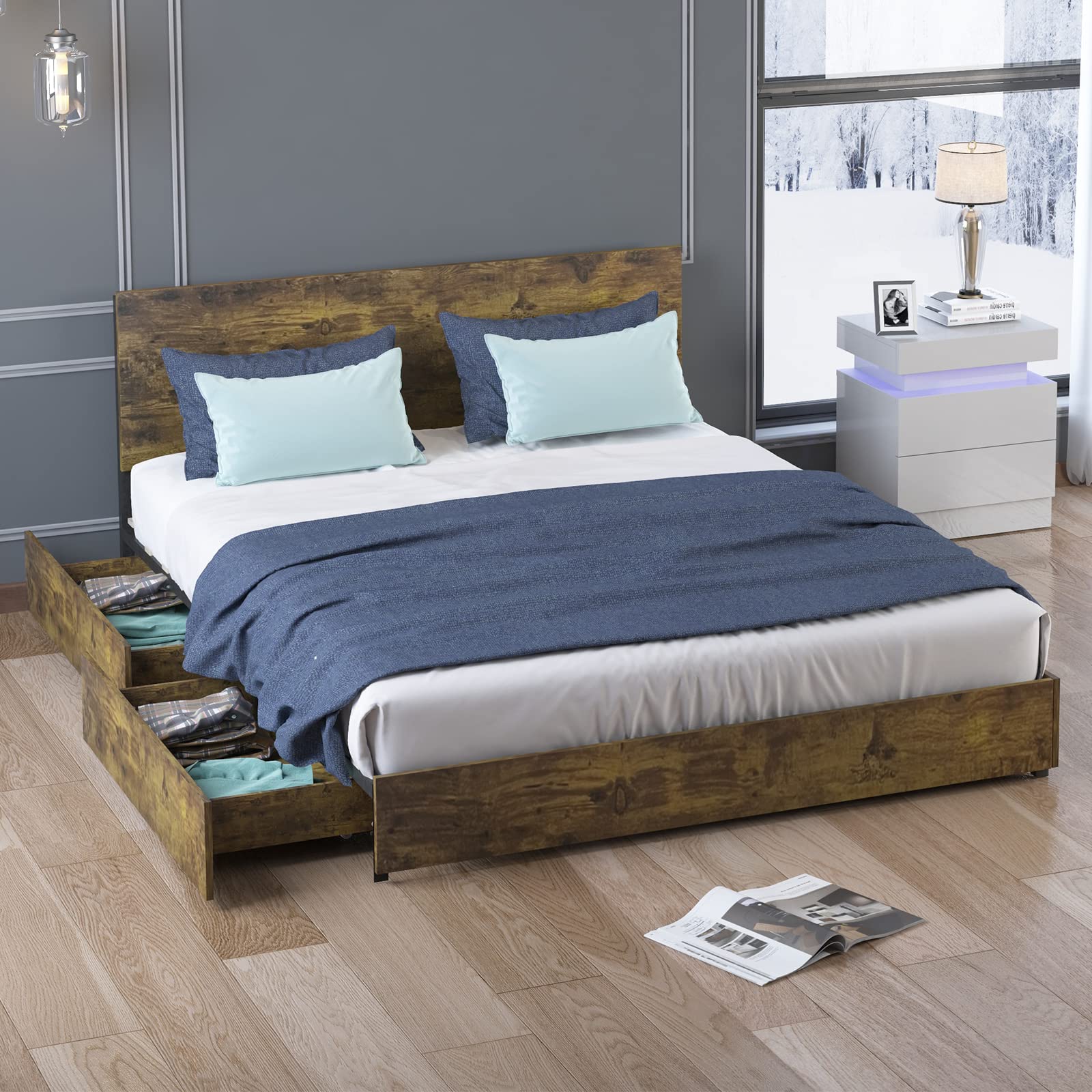 BALUS Full Size Bed Frame with Headboard and 4 Drawers - Sturdy Wood & Metal Platform Bed with Large Storage Space, No Box Spring Needed, Quiet & Easy Assembly - Perfect for Small Bedrooms, Guest Rooms, and Dormitories
