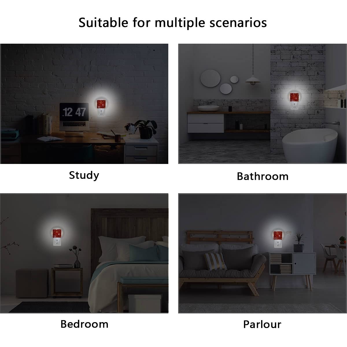 Christmas Red Seamless Pattern with Gold & White Snowflakes - Set of 2 Plug-in LED Night Lights with Auto Dusk-to-Dawn Sensor - Perfect for Bedroom, Bathroom, Nursery & Home Decor - Creates Cozy Holiday Ambiance