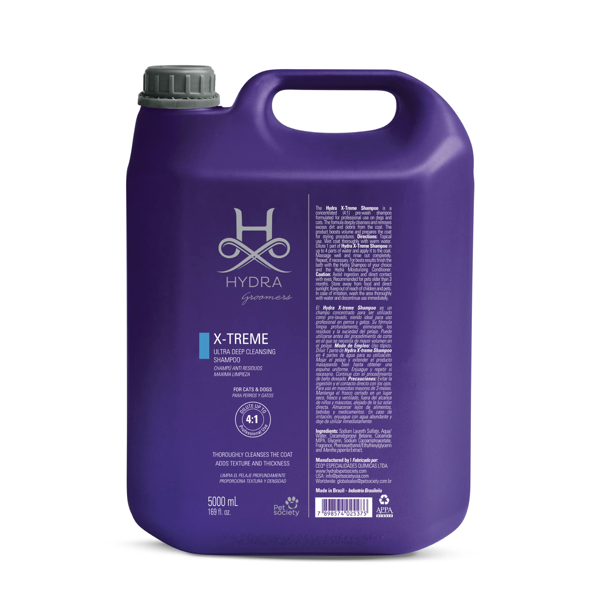 Hydra Professional X-Treme Clarifying Shampoo for Dogs & Cats - Deep Cleansing Pet Shampoo Removes Oil & Grease - All Breeds & Coat Types - 169 fl.oz - Perfect for Bathing, Grooming & Odor Control