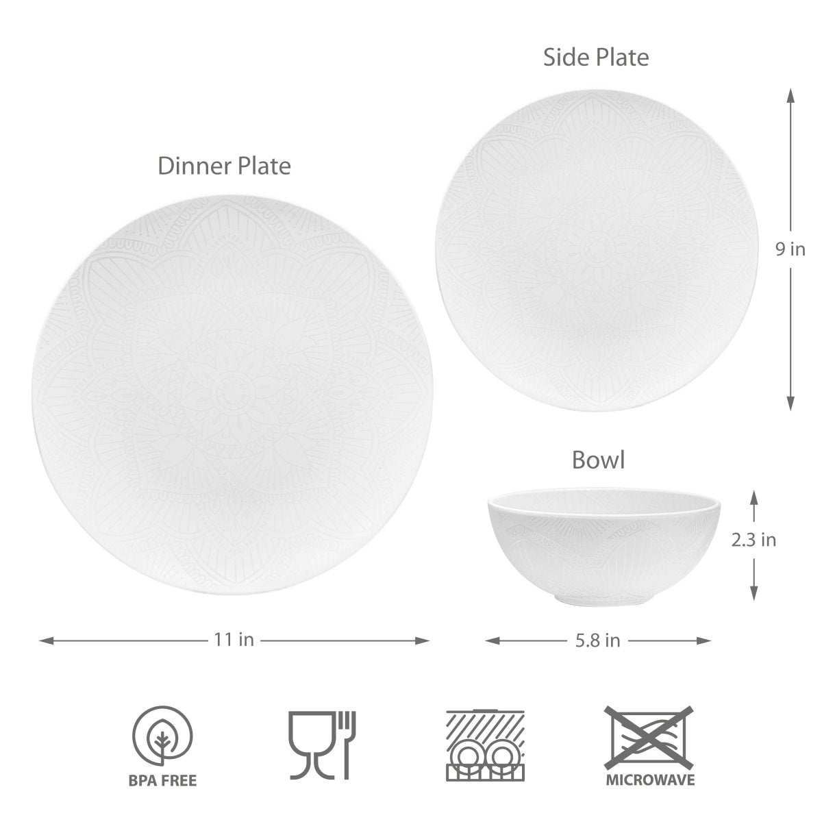 12-Piece La La Mandala Melamine Dinner Plate & Bowl Set - Durable White Dishware for Outdoor Picnics, Camping & Home Decor