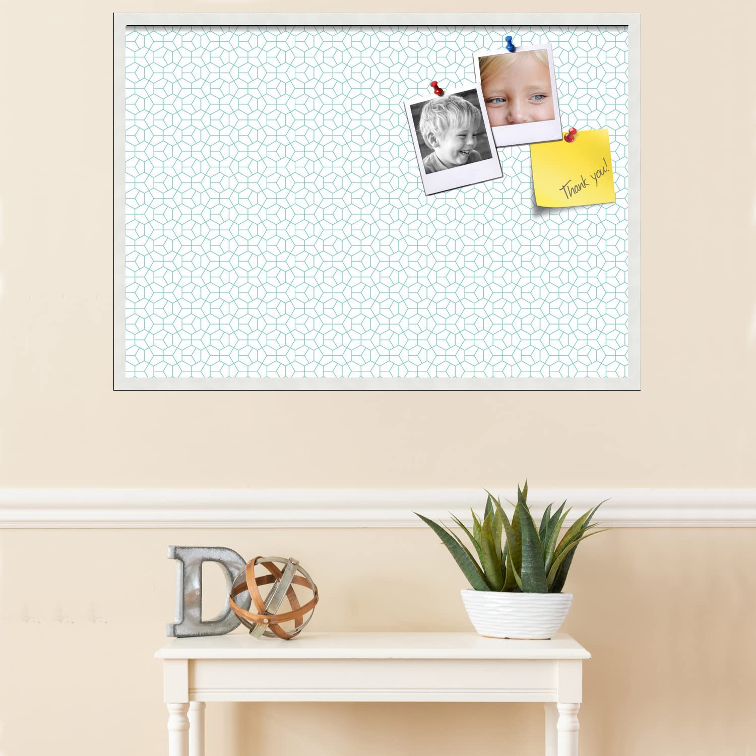 PinPix 40x28 Inch Cork Bulletin Board with Hexagon Aqua Design & White Frame - Wall Mounted Memo Board for Home Office Decor, School Classroom, Dorm Room Organization & Message Display