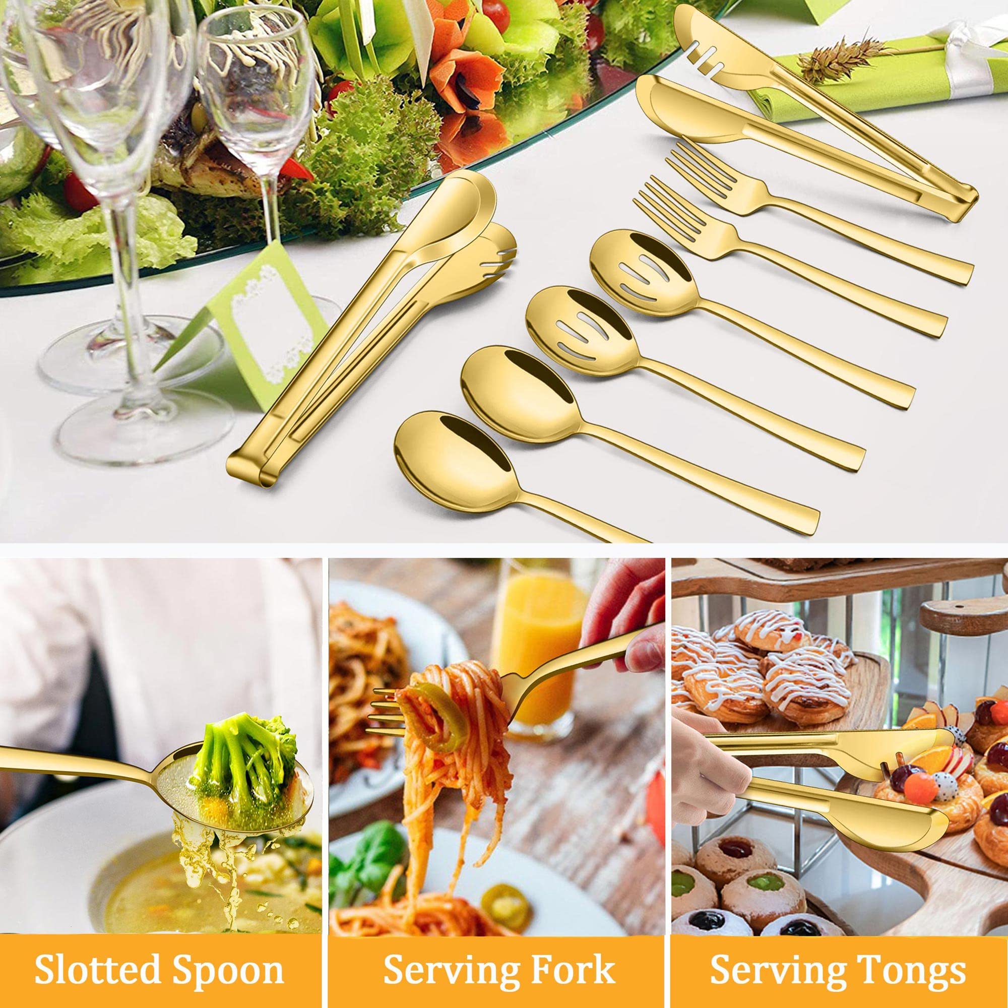 Premium 8-Piece Stainless Steel Serving Utensil Set - Gold Mirror Finish Serving Spoons, Slotted Spoons, Forks & Tongs for Buffet, Party, Banquet - Dishwasher Safe Kitchen Tools for Entertaining & Catering