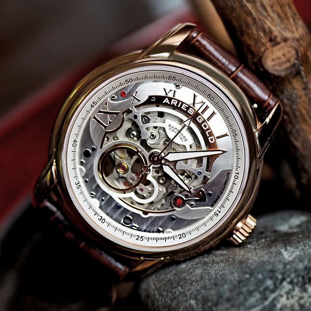 ARIES GOLD INFINUM EL TORO Rose Gold Men's Watch with Genuine Brown Leather Strap - Luxury Dress Watch for Business, Formal Occasions & Gifts