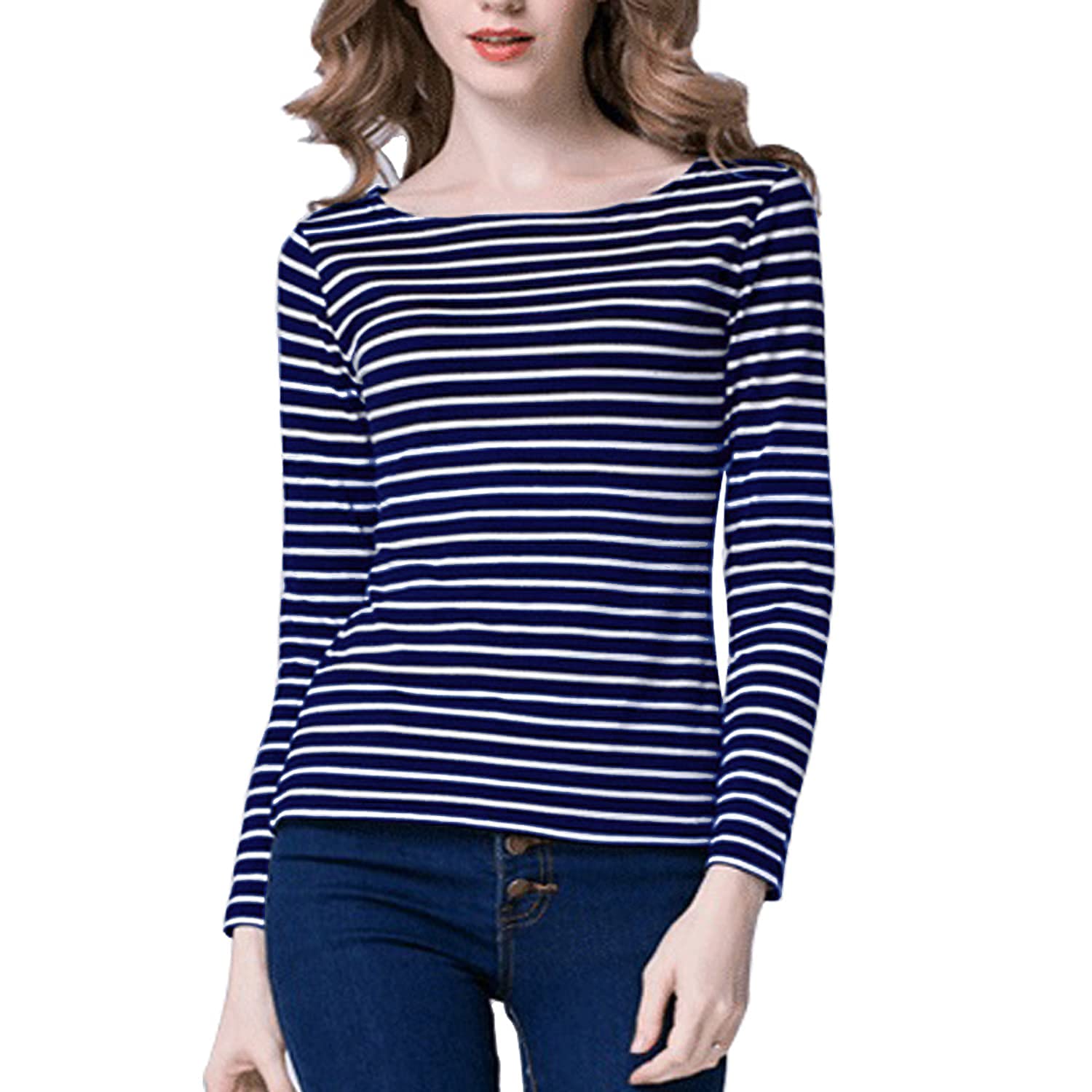 Tulucky Women's Casual Long Sleeve Striped T-Shirt - Round Neck Comfortable Blouse for Work, Travel & Everyday Wear | Soft Breathable Fabric