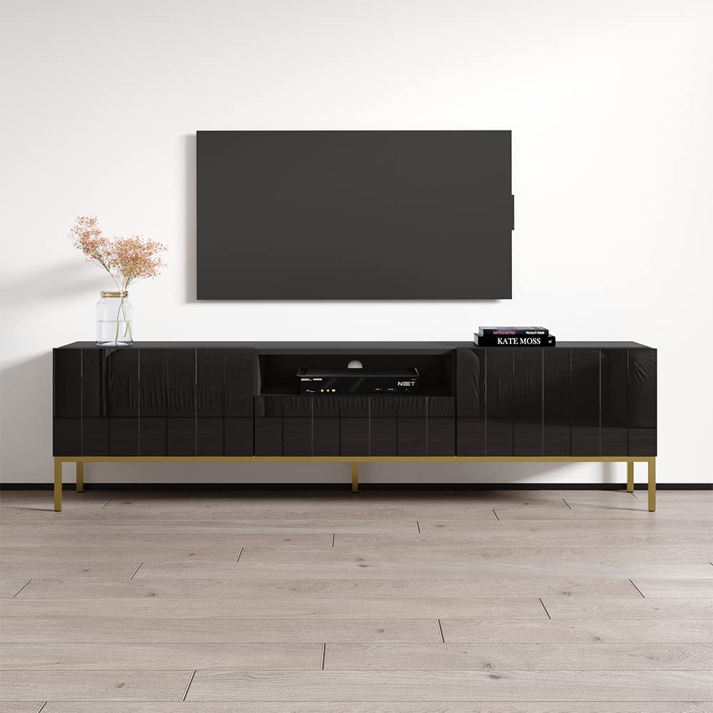 Elegant Mid-Century Modern TV Stand with Storage Drawers - 85 Inch Media Console Table for Living Room, Bedroom & Home Theater - Black Rectangular Entertainment Center - Meble Furniture