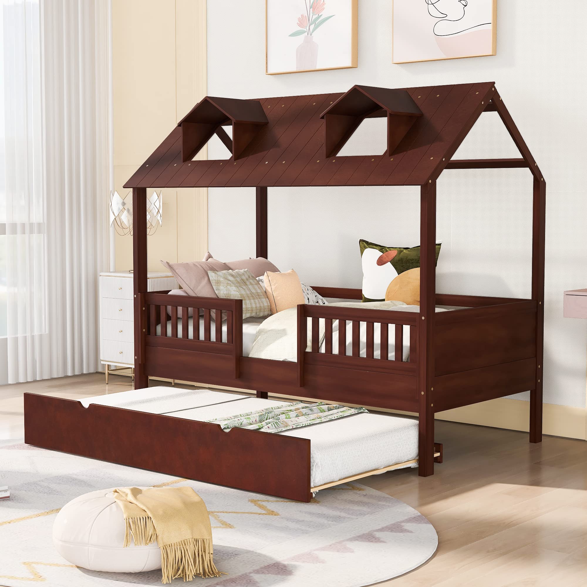 Twin House Bed with Trundle, Wooden Platform Bed Frame with Canopy - Espresso Finish for Kids, Teens, Boys & Girls | Perfect for Bedrooms, Playrooms & Sleepovers