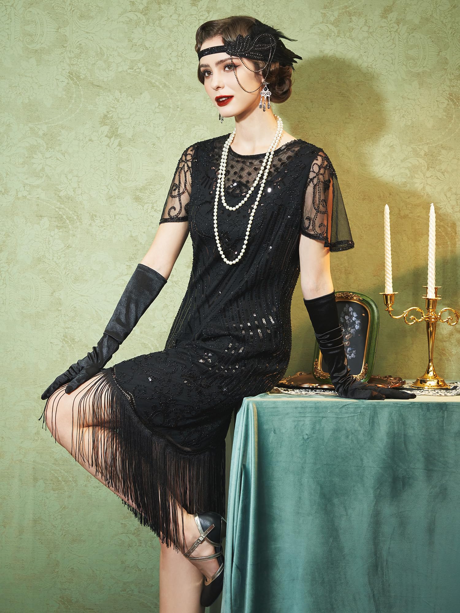 Vintage 1920s Flapper Dresses for Women - Roaring 20s Great Gatsby Style Cocktail Dress with Sleeves & Crew Neck | Perfect for Halloween Costumes, Gatsby Themed Parties & Harlem Nights Events
