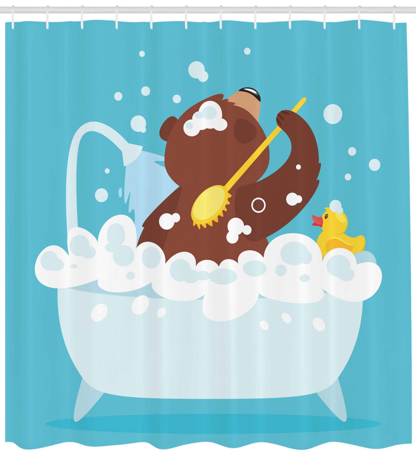 Ambesonne Funny Bear Shower Curtain - Cartoon Grizzly Bear Taking Bubble Bath - 69x75 Inch Blue Brown Yellow Fabric Bathroom Decor with Hooks - Perfect for Kids' Bathrooms, Themed Showers & Unique Home Decor