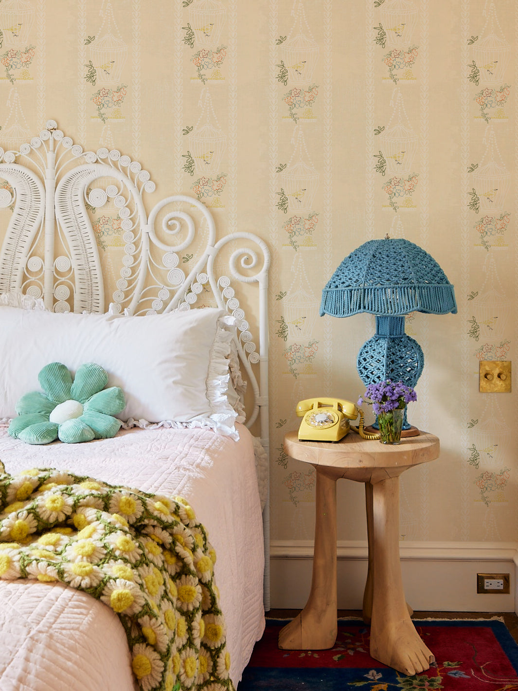 Lingua Franca Embroidered Birdcages Wallpaper - Cream Floral Vintage Peel & Stick Wallpaper for Bedroom, Nursery, and Living Room Decor
