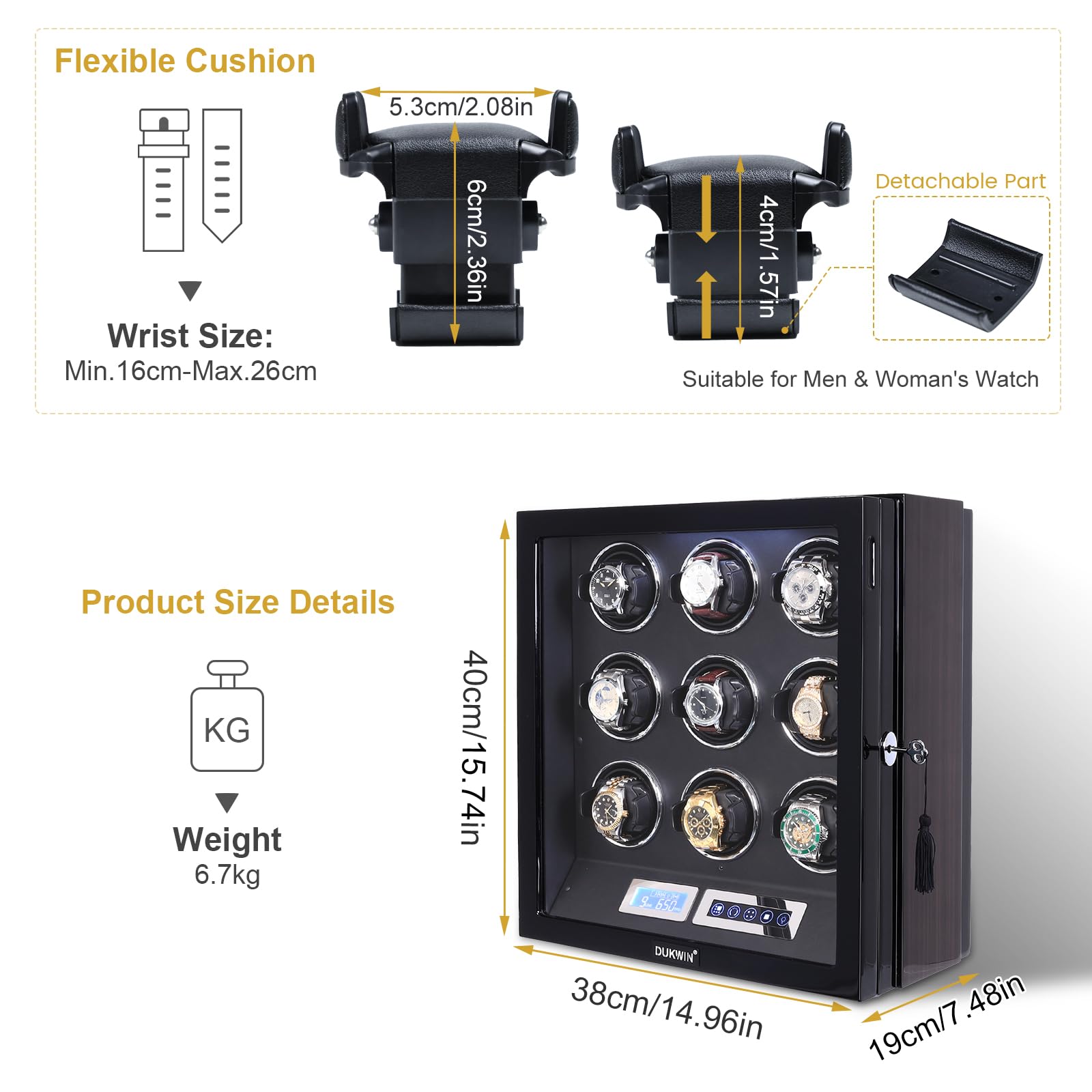 DUKWIN Automatic Watch Winder with LCD Touch Screen & Remote Control - Premium Watch Storage Case for 9/12 Automatic Watches | Perfect for Watch Collectors, Travel & Luxury Home Display