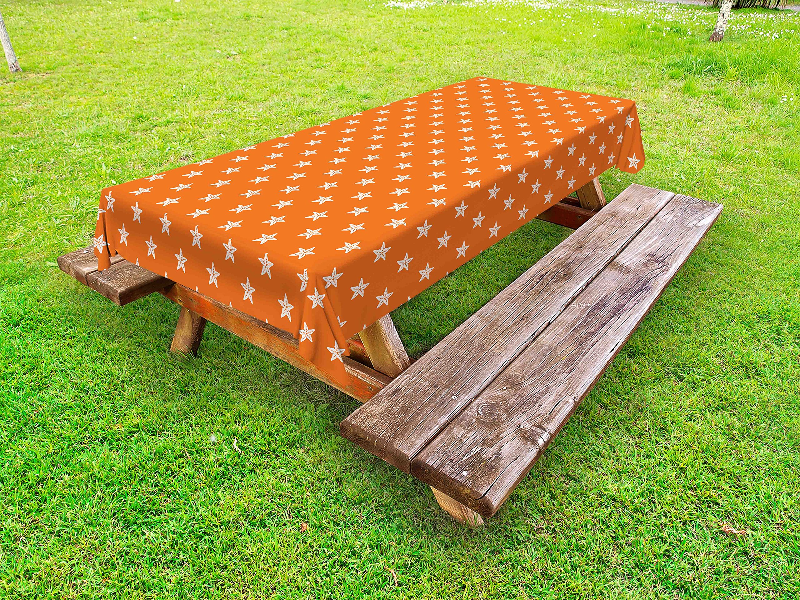 Ambesonne Starfish Outdoor Tablecloth - Doodle Style Aquarium Animals Design on Abstract Orange Background, Waterproof Washable Picnic Table Cover 58x84 Inches for Beach Party, Backyard BBQ, and Outdoor Dining (Orange & White)