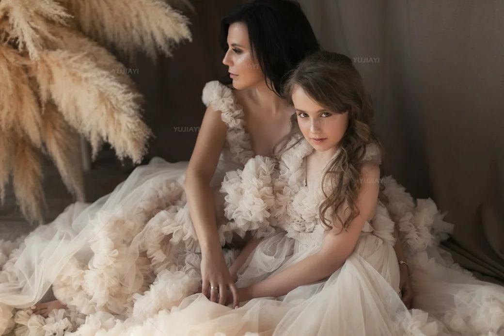 Elegant Tiered Ruffle Mommy and Me Dresses - Matching Mother Daughter Outfits for Photoshoots, Family Portraits & Special Occasions