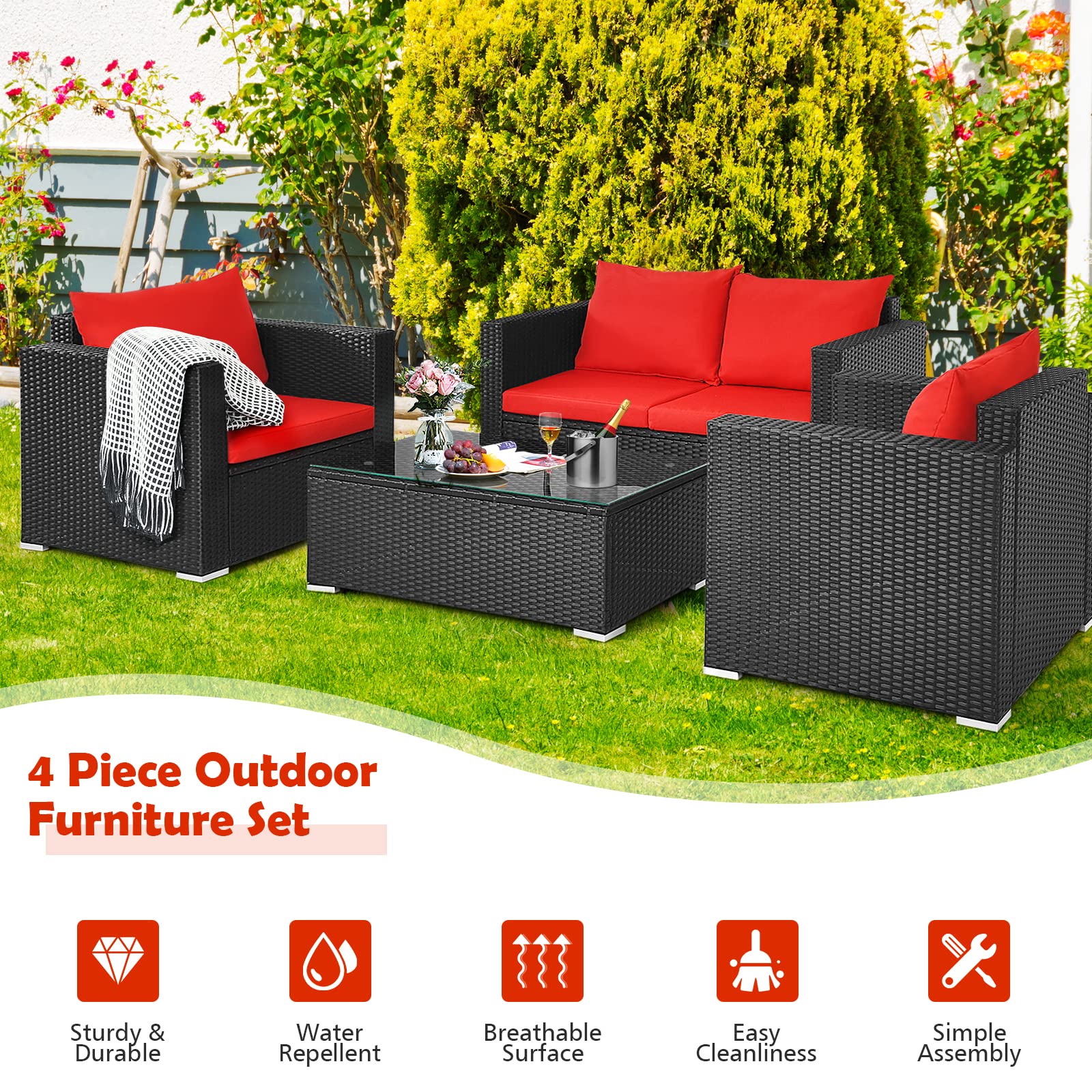 Tangkula 4-Piece Outdoor Rattan Patio Furniture Set - Wicker Sofa Sectional with Cushions & Glass Coffee Table for Garden, Balcony, Courtyard - Perfect for Relaxing, Entertaining & Outdoor Gatherings