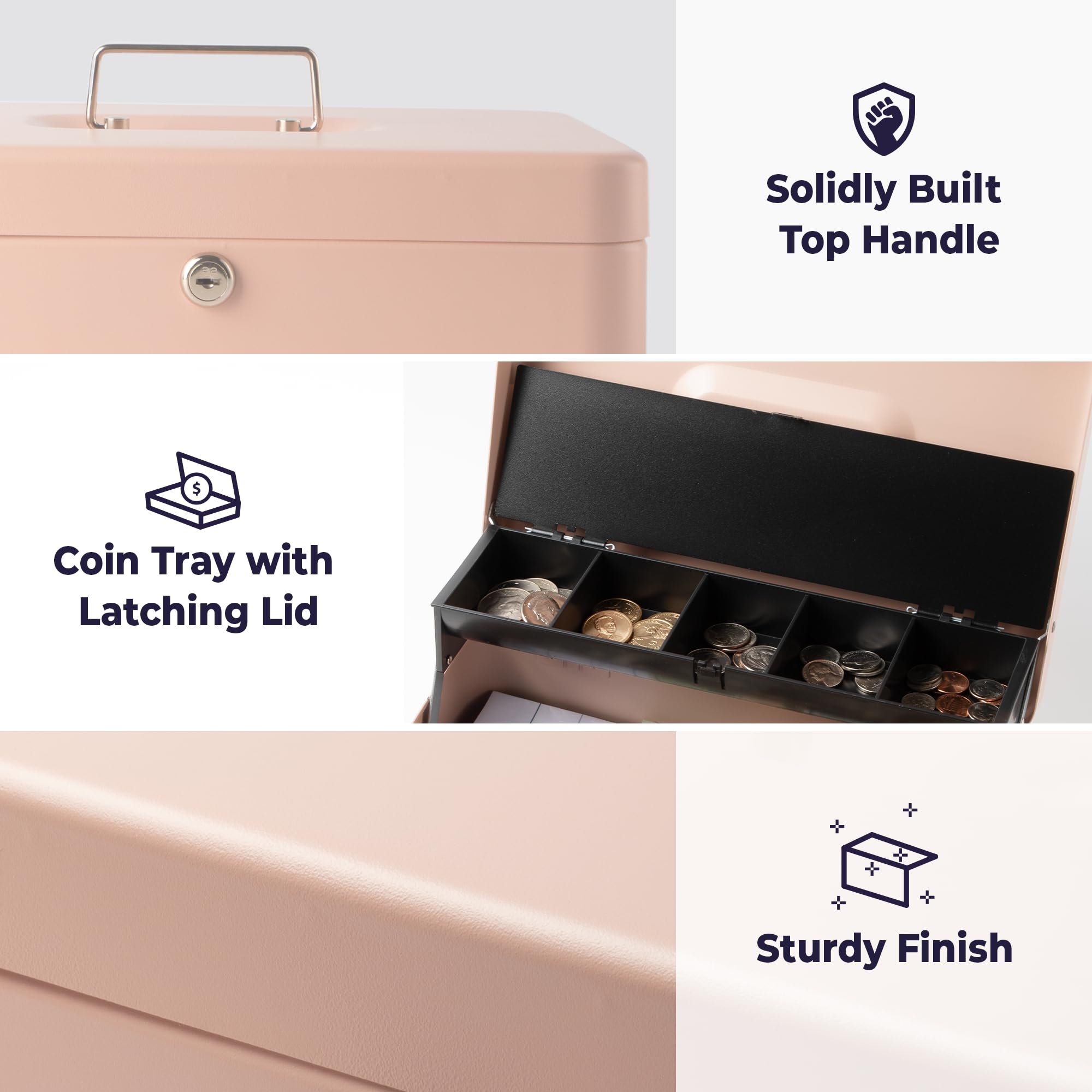 Volcora Large Cash Box with Key Lock - Metal Money Storage Safe Box with Money Tray | Portable & Durable Cash Organizer for Small Business, Yard Sales, Garage Sales | Perfect for Retail Stores, Events, and Home Security (Rose Gold)