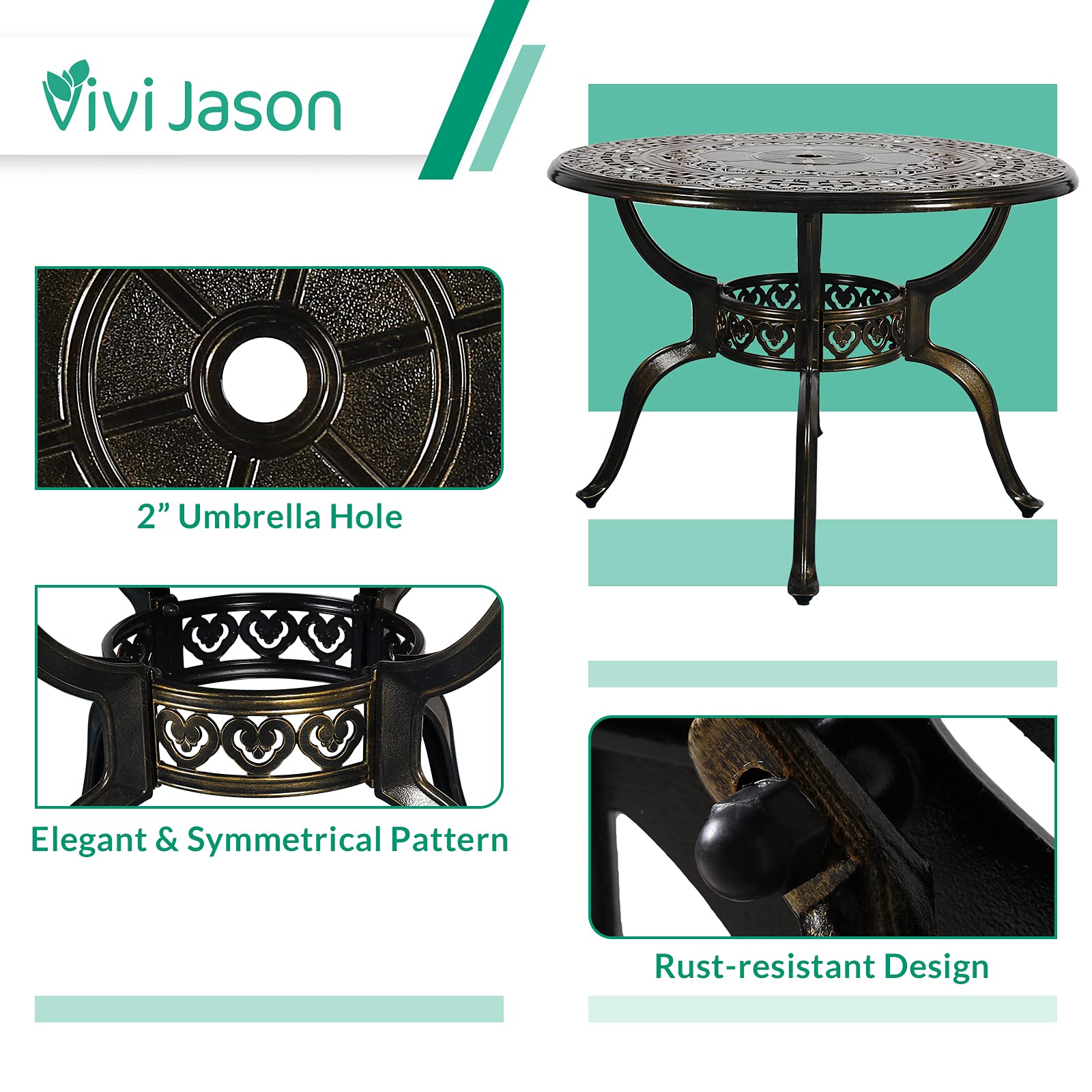 VIVIJASON 38.5 Inch Round Outdoor Patio Dining Table - Bronze Cast Aluminum Bistro Table with Umbrella Hole for Garden, Backyard, Poolside & Restaurant Use