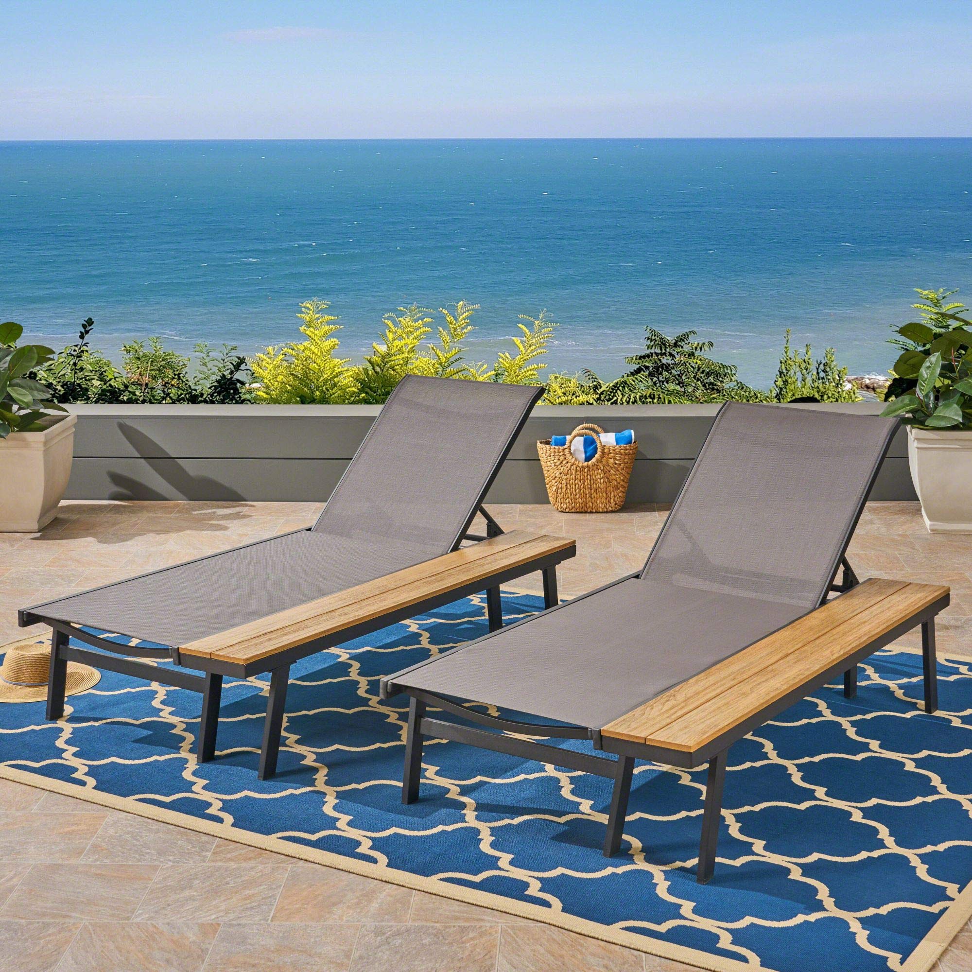 Modern 2-Piece Gray & Silver Mesh Outdoor Patio Chaise Lounge Set with Side Table - 77