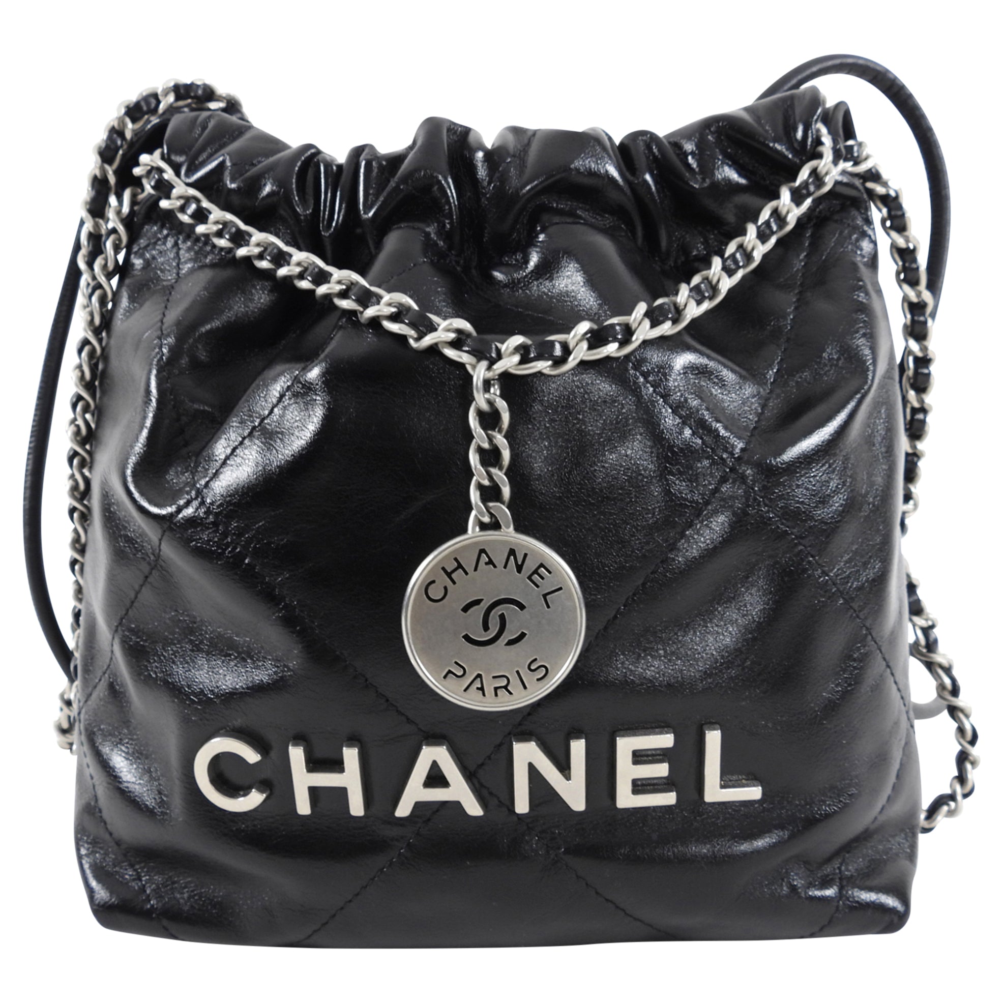 Chanel 22 Black Glossed Leather Mini Chain Bag with Logo - Luxury Designer Crossbody Purse for Women, Perfect for Evening Parties & Date Nights