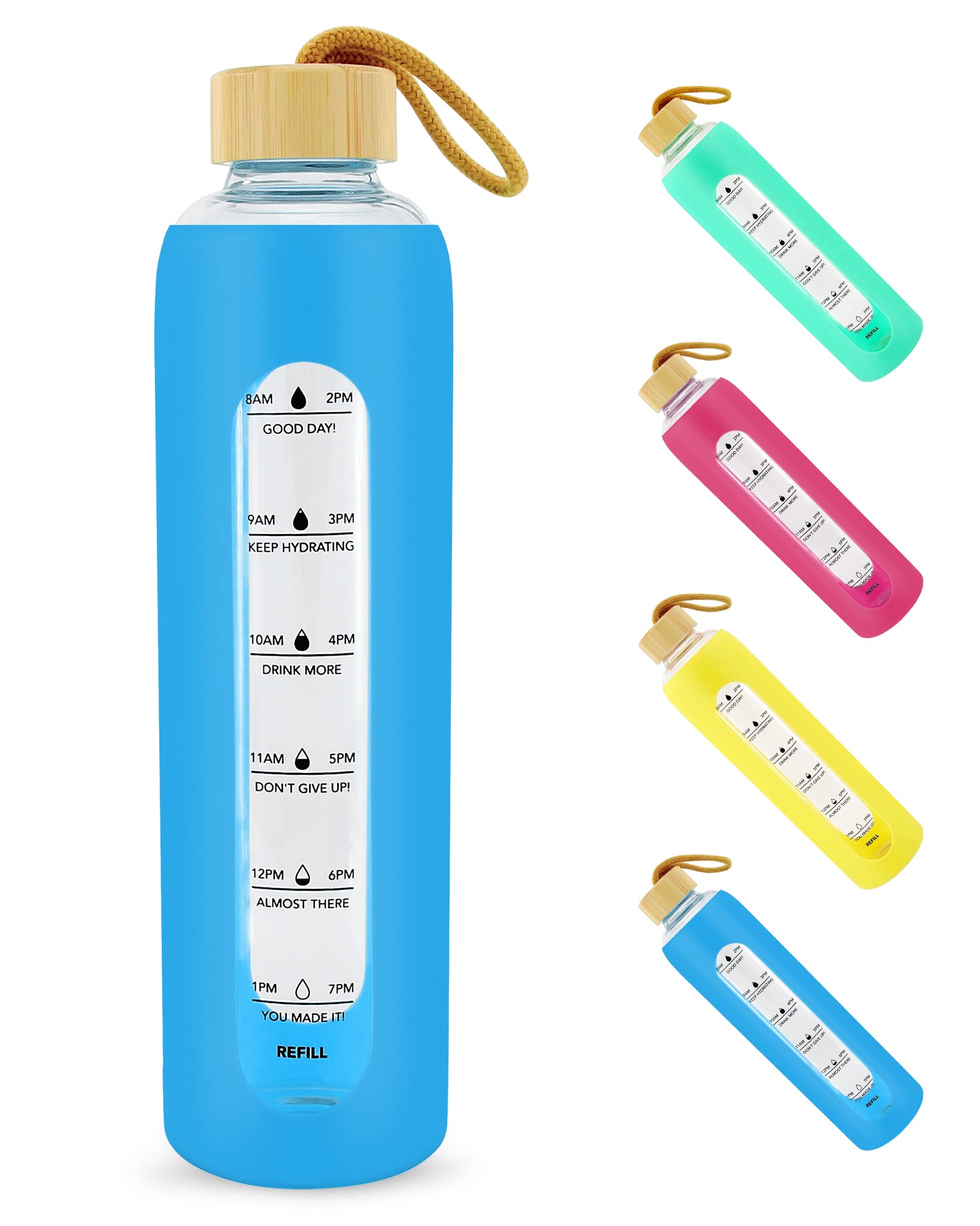 NIDOOT 1L (32oz) Motivational Water Bottle with Time Marker - BPA Free, Leak Proof Glass Bottle with Silicone Sleeve & Bamboo Lid - Perfect for Gym, Office, Hiking & Daily Hydration Tracking (Blue)
