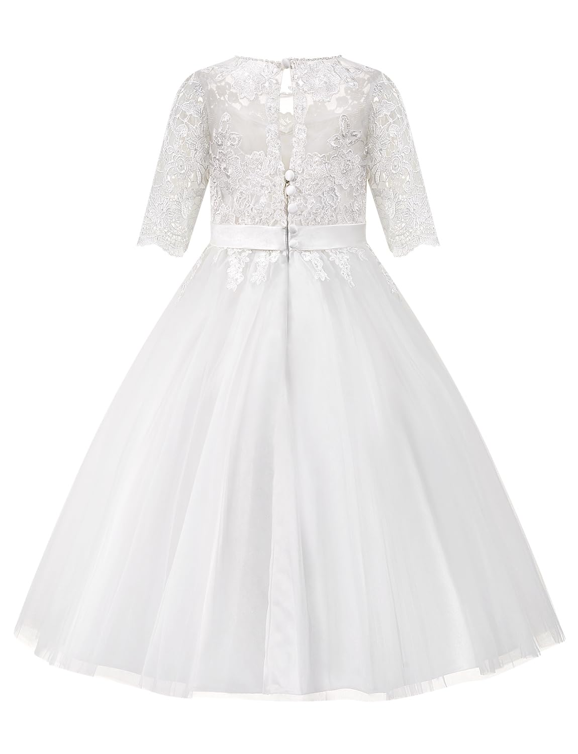 PLUVIOPHILY Champagne Tulle Flower Girl Dress - Ivory Lace Short Sleeves Christening Communion Gown for Weddings, Baptisms & Special Occasions