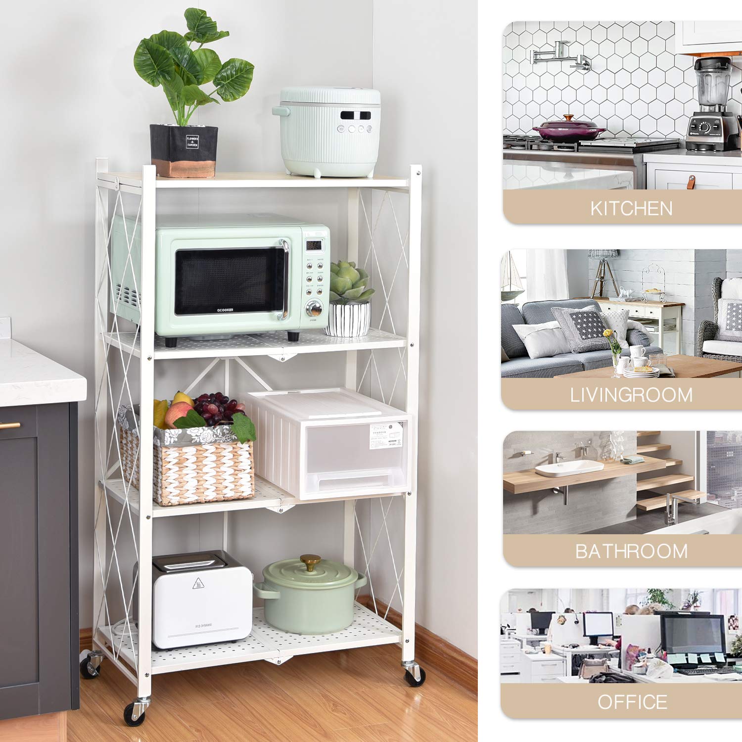 KingRack 4-Tier Heavy Duty Metal Storage Shelves - Foldable Bookshelf & Display Rack for Garage, Kitchen, Office - No Assembly Required | Perfect for Organizing Books, Plants, Kitchen Supplies & Home Storage