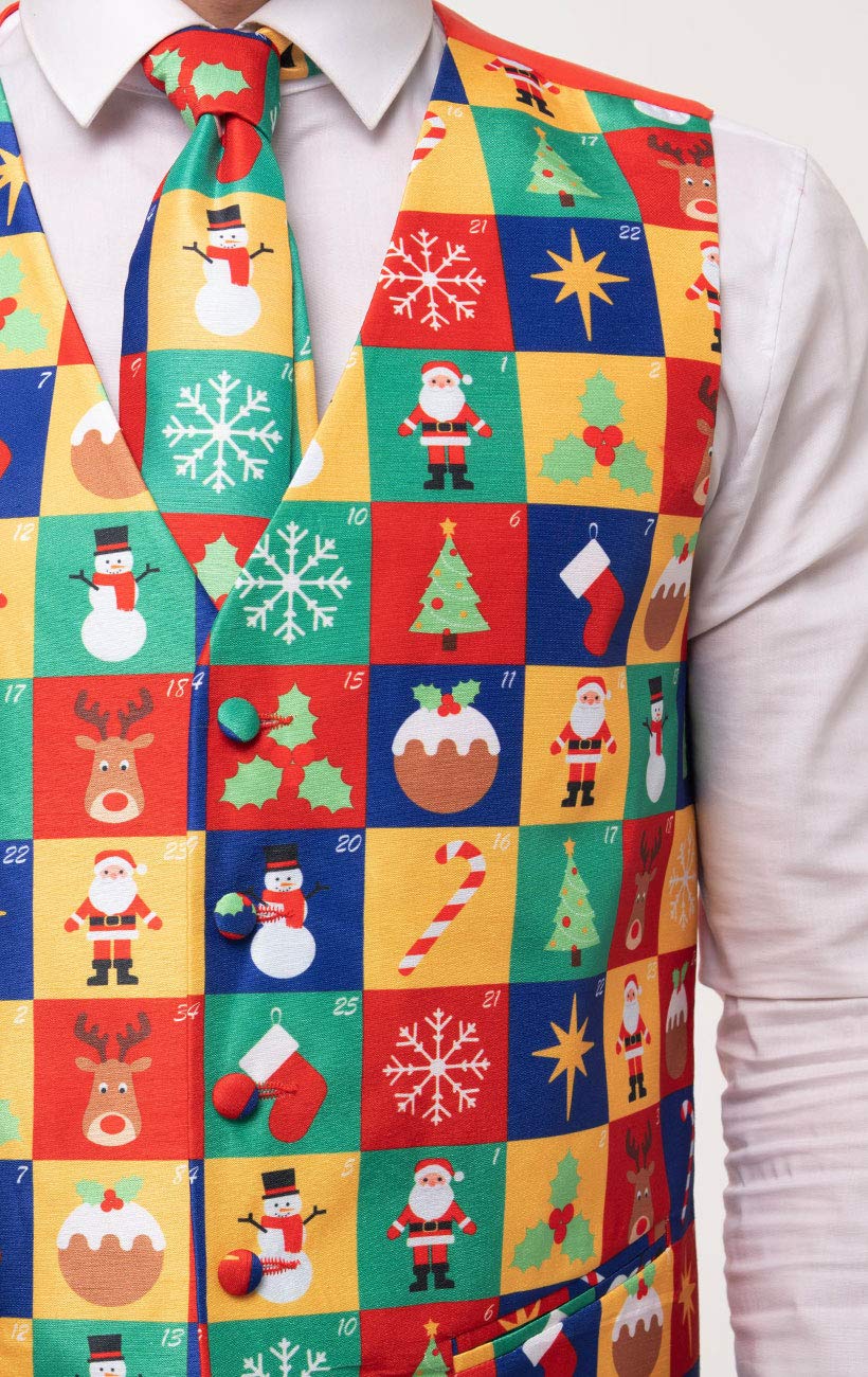 Funny Christmas Vest for Men - Colorful Advent Calendar Print Holiday Party Outfit - Perfect for Ugly Sweater Parties, Secret Santa Gifts & Festive Gatherings