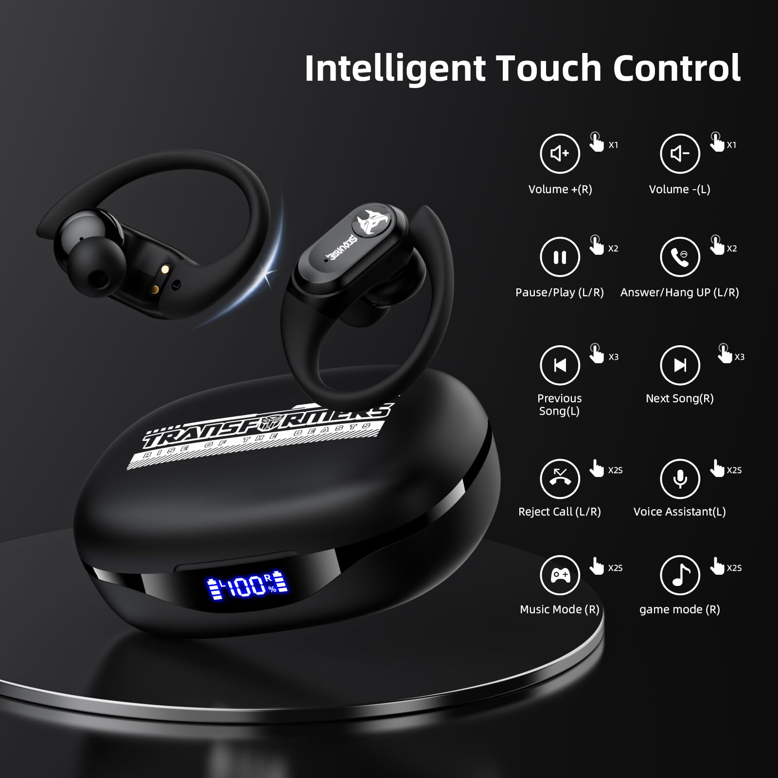 TF-T26Pro Scourge Wireless Earbuds - Bluetooth 5.4 Headphones with 65H Playtime, Deep Bass & Power Display | IPX5 Waterproof for Running, Workout, Sports & Office Use