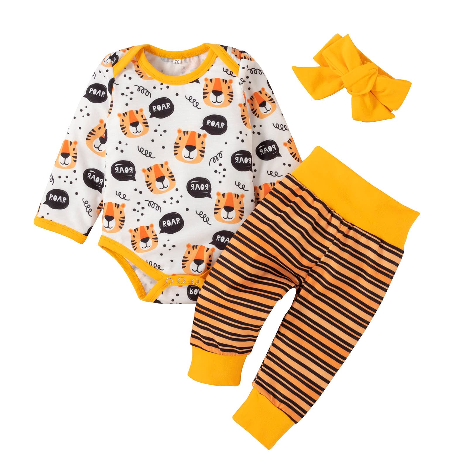 Adorable Cartoon Tiger Romper & Stripe Pants Set for Baby Girls & Boys - Soft Autumn Outfit for Playtime & Family Photos