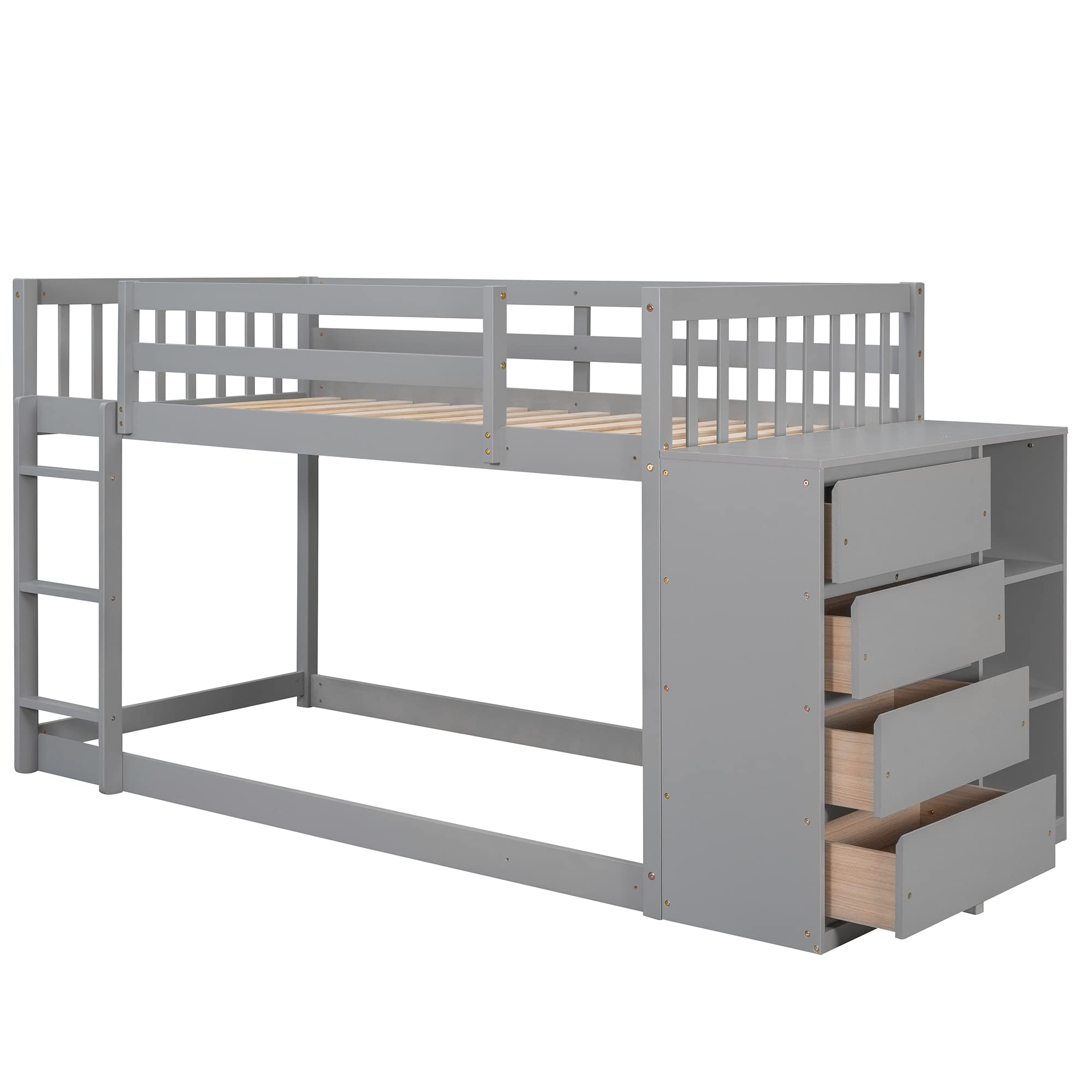 Twin Over Twin Bunk Bed with Storage - Solid Wood Bunk Bed with 4 Drawers & 3 Shelves - Space-Saving Kids, Teens & Adults Bunk Bed (Gray) | Perfect for Small Bedrooms, Guest Rooms & Vacation Homes