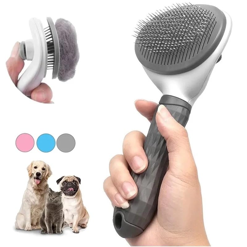 Self-Cleaning Dog & Cat Brush - Grooming Slicker Brush with Smooth Handle & Cleaning Button - Pet Hair Removal & Massage Tool for Dogs & Cats (Grey) - Perfect for Daily Grooming, Shedding Control & Relaxing Pet Massage at Home