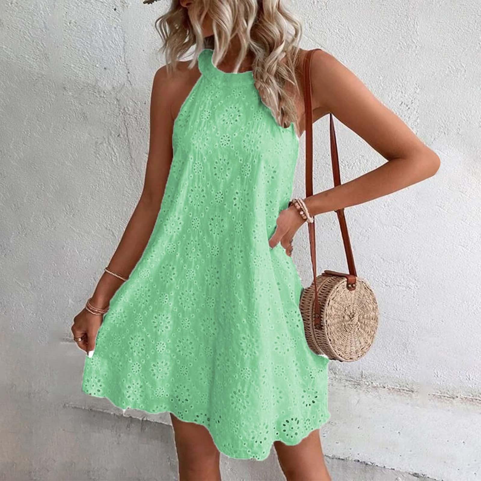Women's Summer Dress - Cap Sleeve Babydoll Eyelet Ruffle V-Neck Mini Sundress with Pockets | Plus Size Casual Loose Fit | A-Mint Green XL | Perfect for Beach, Vacation & Outdoor Parties