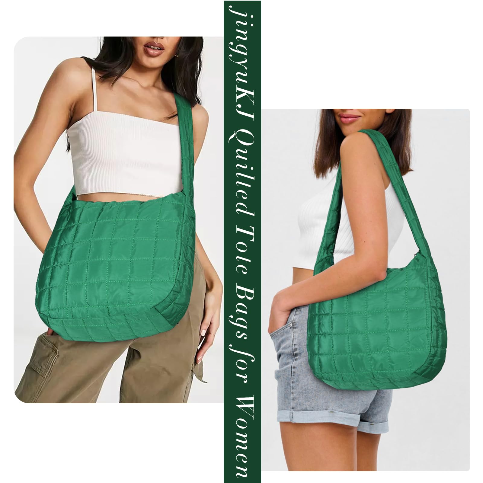 JingyuKJ Quilted Puffer Tote Bag for Women - Large Capacity Lightweight Crossbody Bag with Zip Closure, Down Cotton Padded Handbag | Perfect for Work, Travel & Daily Use