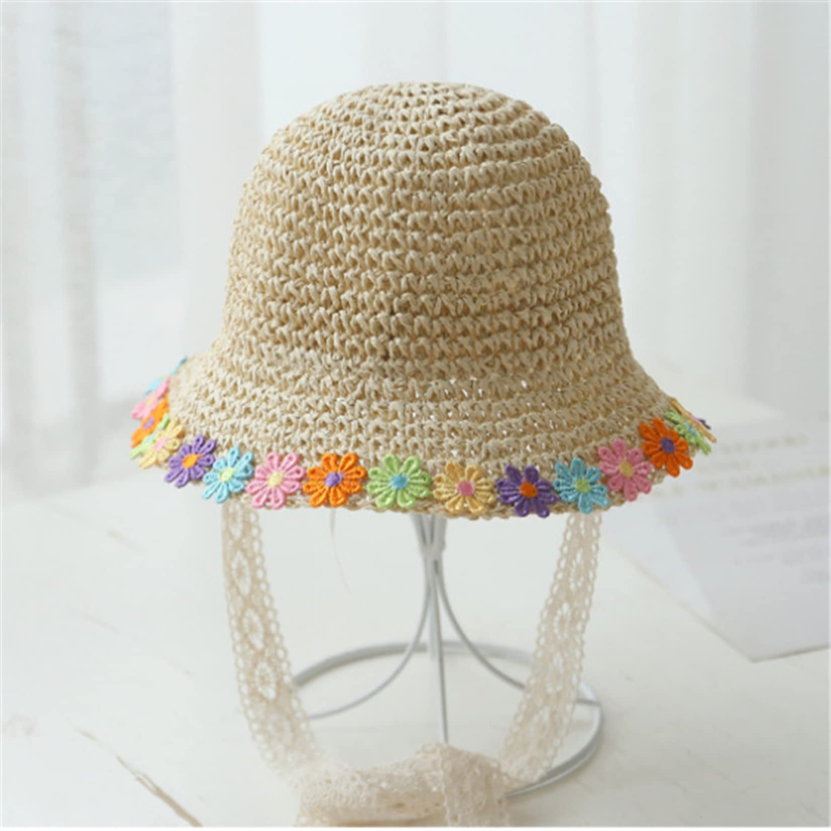 Kids Straw Bucket Hats with Lace Chin Strap & Floral Design - Breathable Wide Brim Summer Beach Hat for Sun Protection - Perfect for Outdoor Play, Vacations, and Pool Parties
