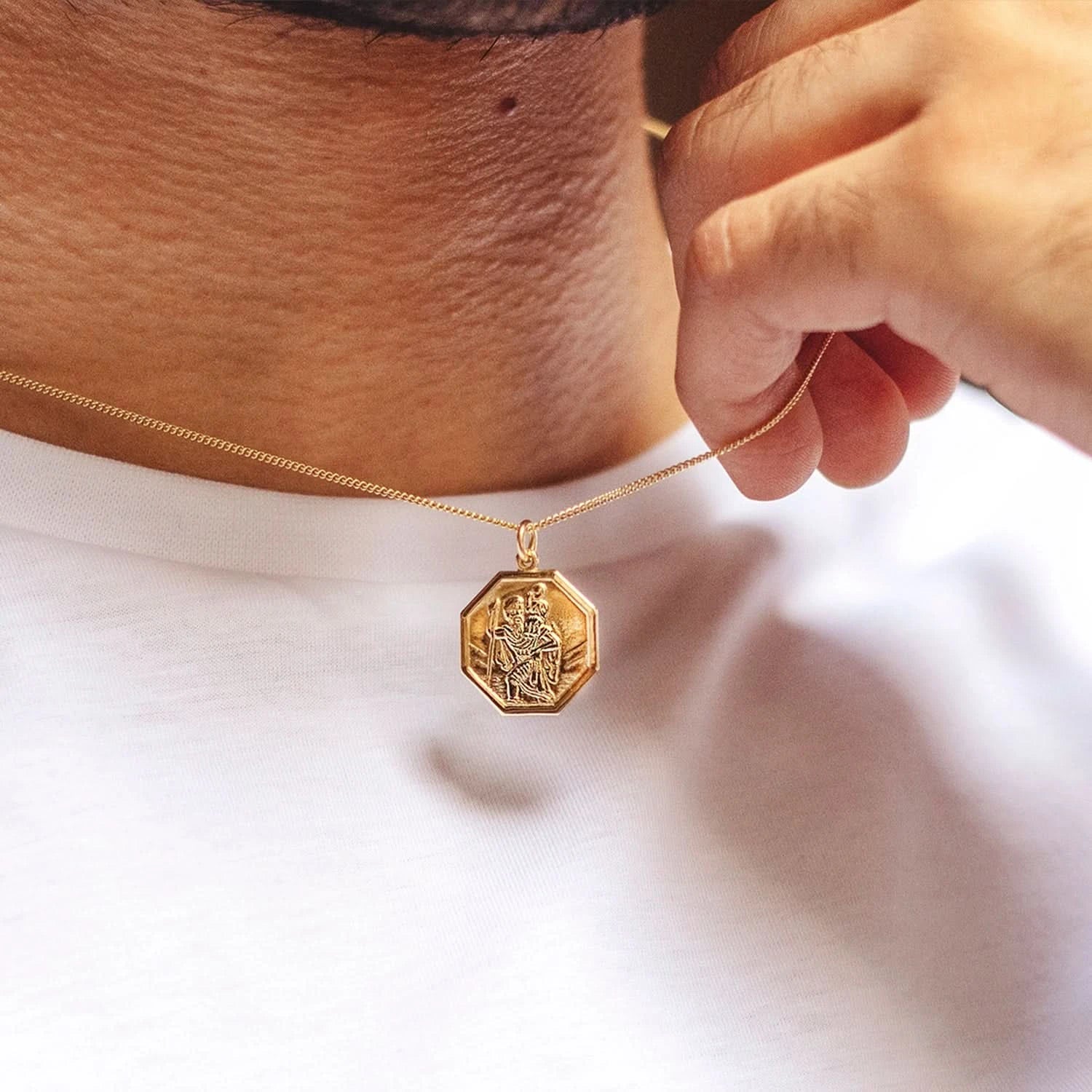 St. Christopher Necklace for Men - 14K Solid Gold Pendant with Custom Engraving - Religious Jewelry Gift for Travelers & Protection