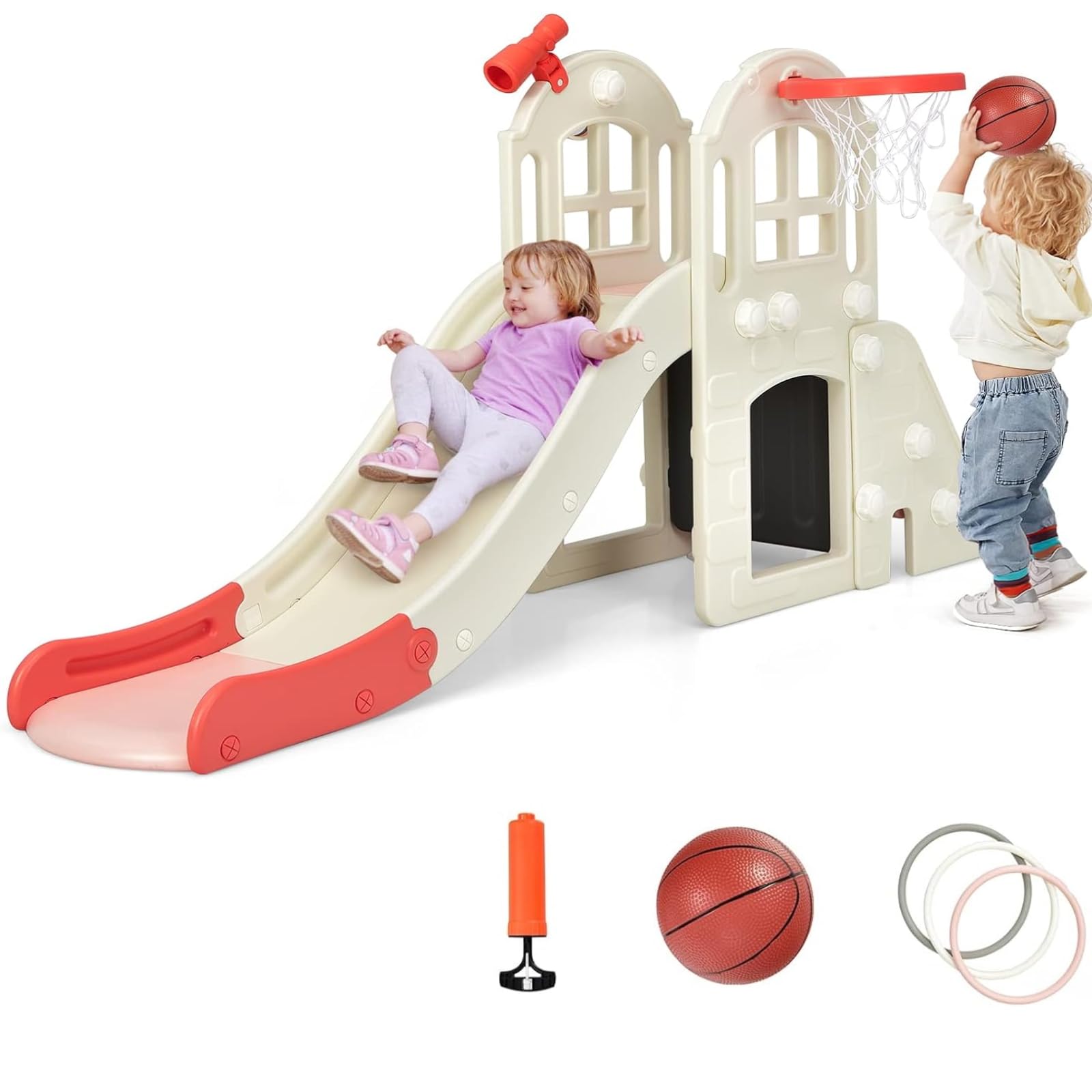 BABY JOY 6-in-1 Toddler Slide & Climber Set with Basketball Hoop & Ring Toss - Convertible Indoor/Outdoor Playground for Boys & Girls Ages 2-5 | Perfect Birthday Gift for Active Kids in Backyard, Playroom or Daycare